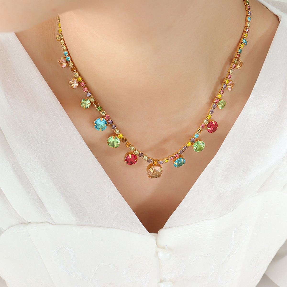 Multicolor Crystal Copper Chain Necklace