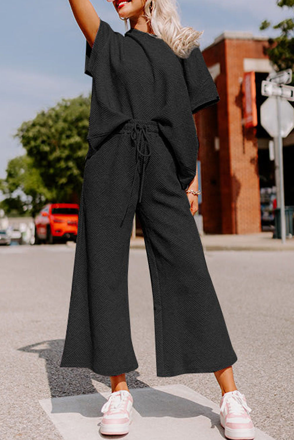 Navy Blue Textured Loose Fit T Shirt and Drawstring Pants Set