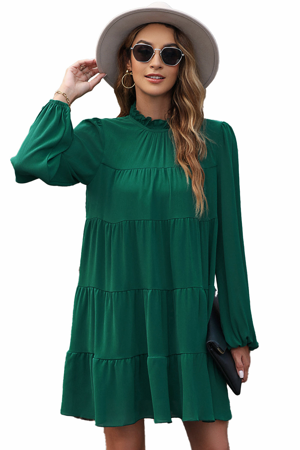 Green Puff Sleeve Mock Neck Back Knot Tiered Dress