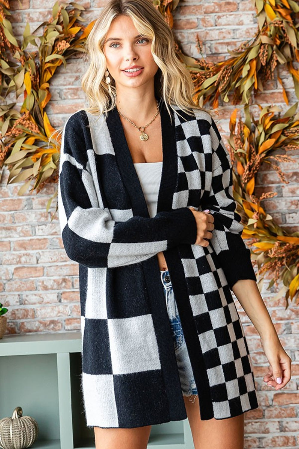 Love Checkered Open Front Long Sleeve Cardigan