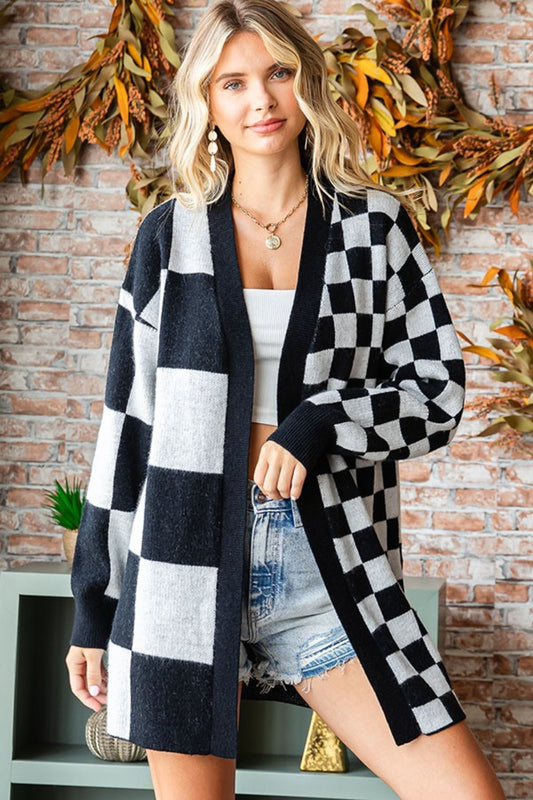 Love Checkered Open Front Long Sleeve Cardigan