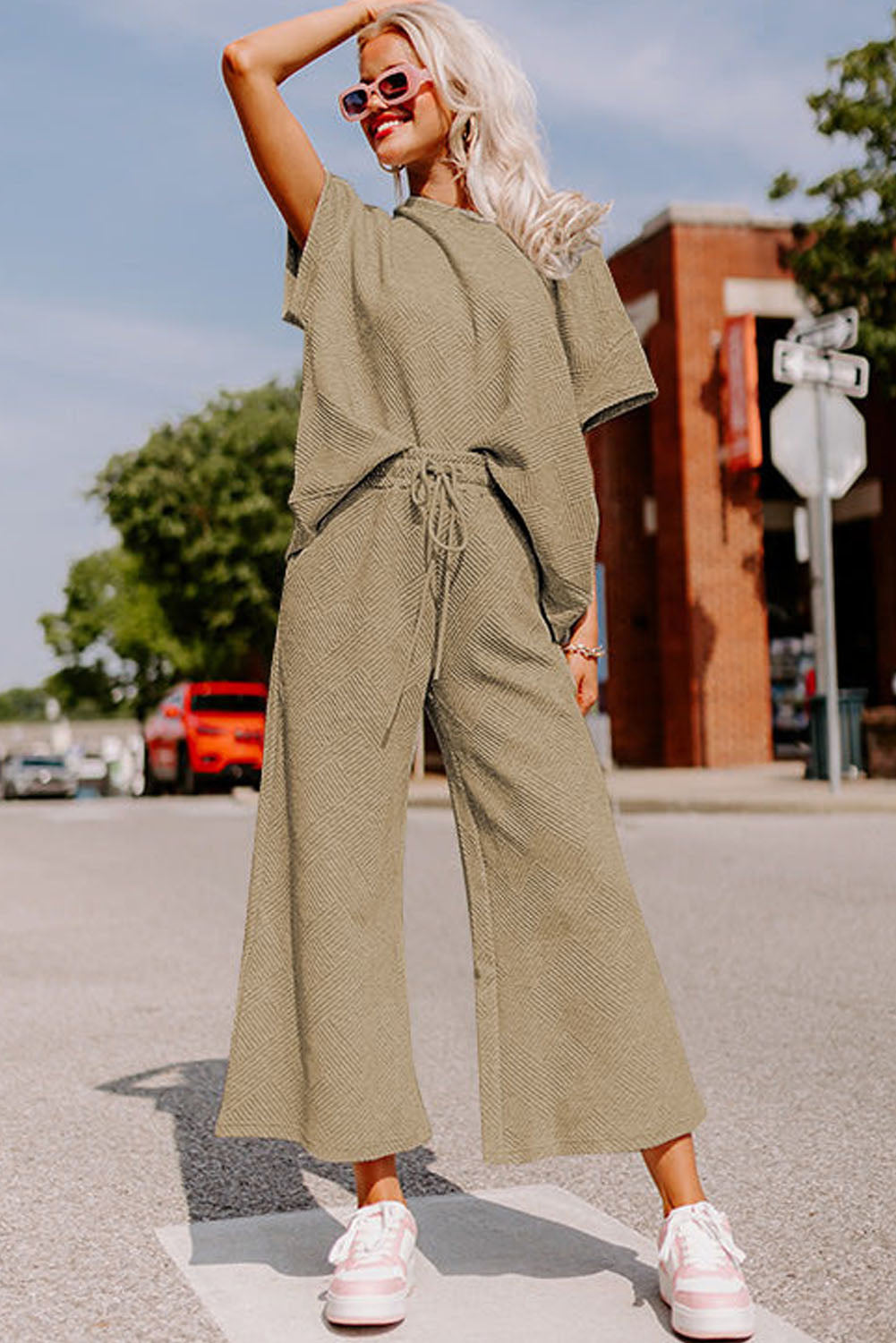 Navy Blue Textured Loose Fit T Shirt and Drawstring Pants Set