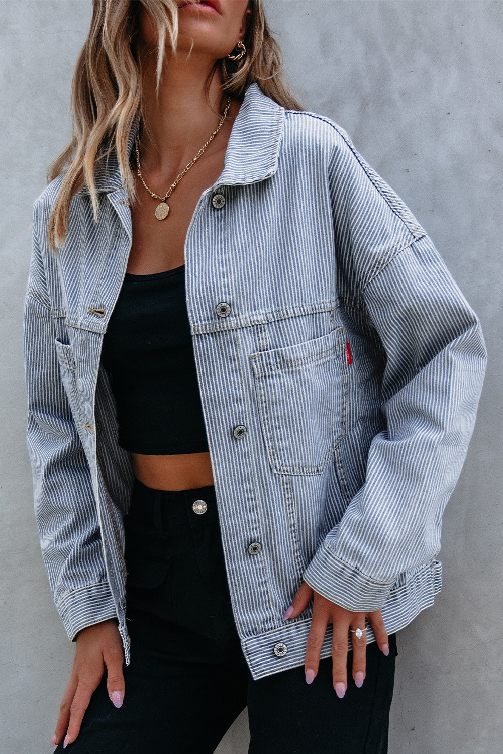 Blue Stripe Washed Oversize Pocketed Denim Jacket