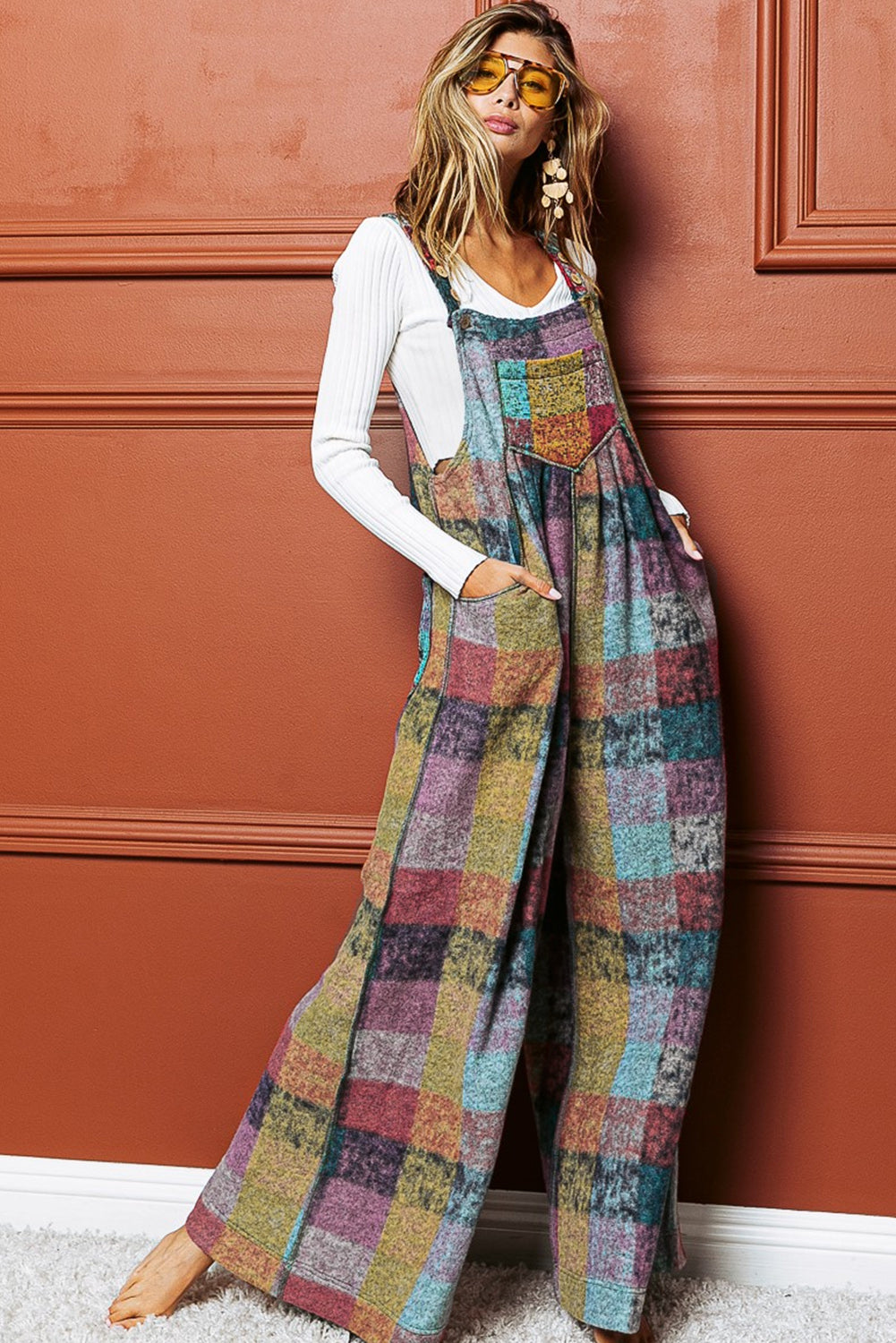 Multicolour Brushed Checkered Wide Leg Overalls