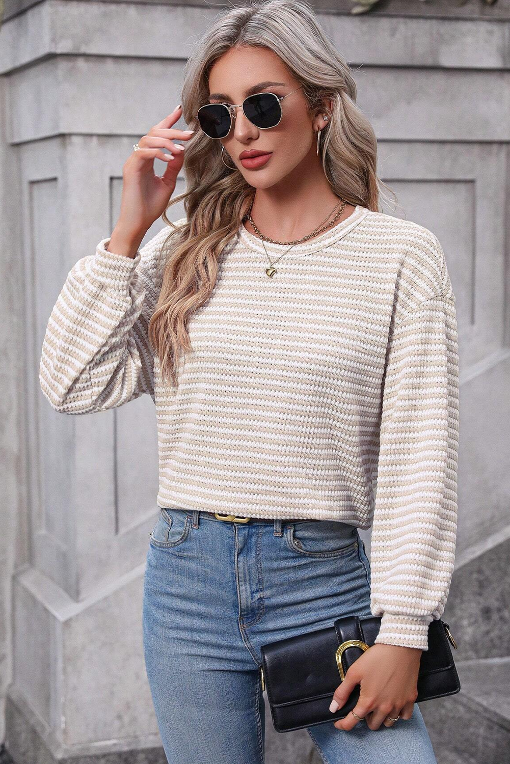 Black Stripe Round Neck Drop Shoulder Long Sleeve Top