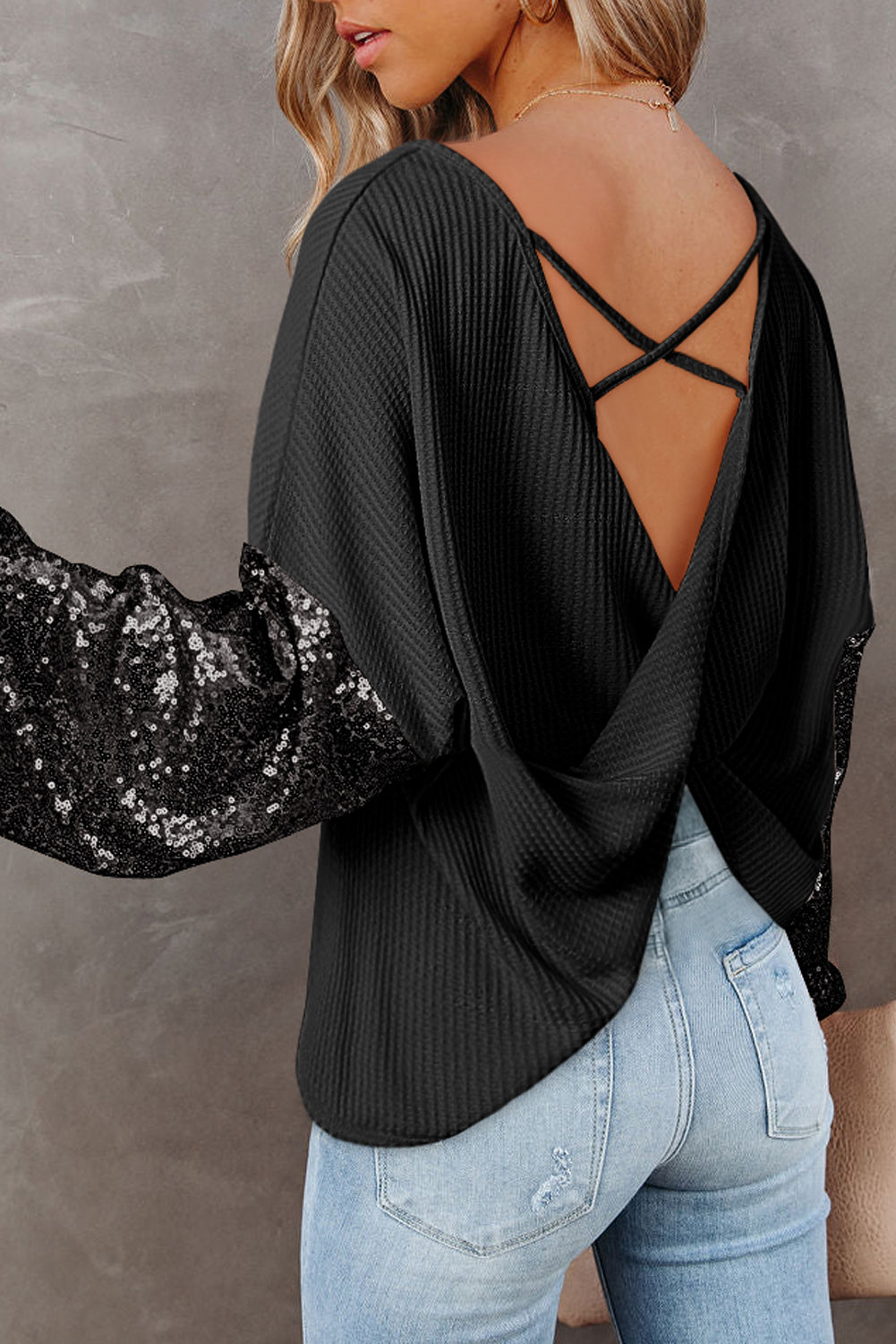 Apricot Sequin Patchwork Sleeve Open Back Waffle Knit Top