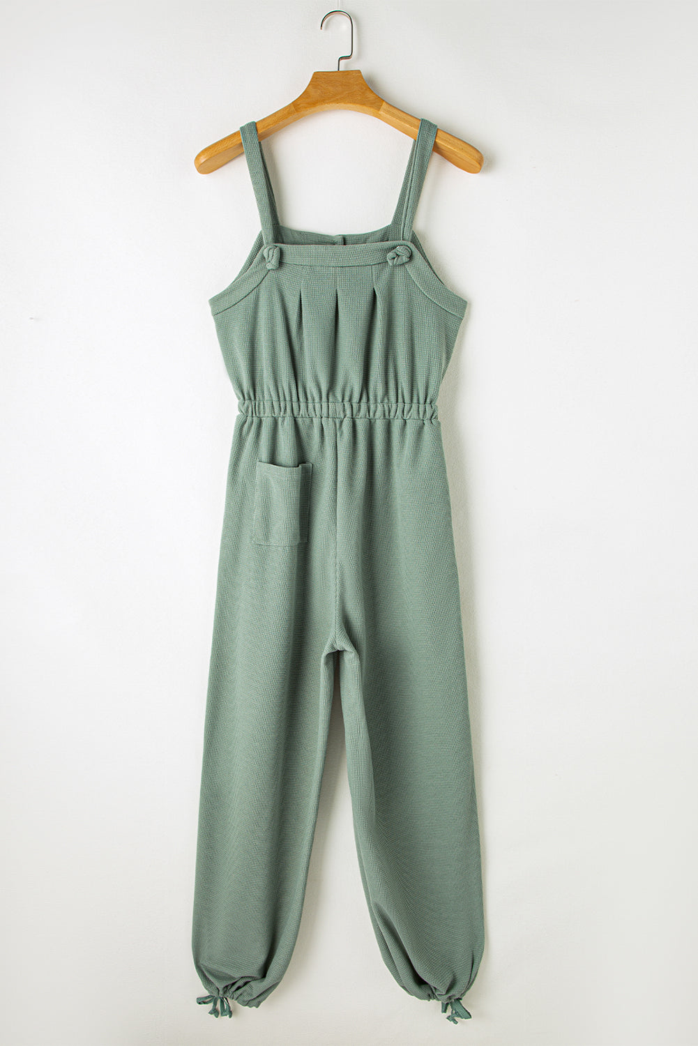 Pale Khaki Knotted Straps Button Textured Drawstring Jumpsuit