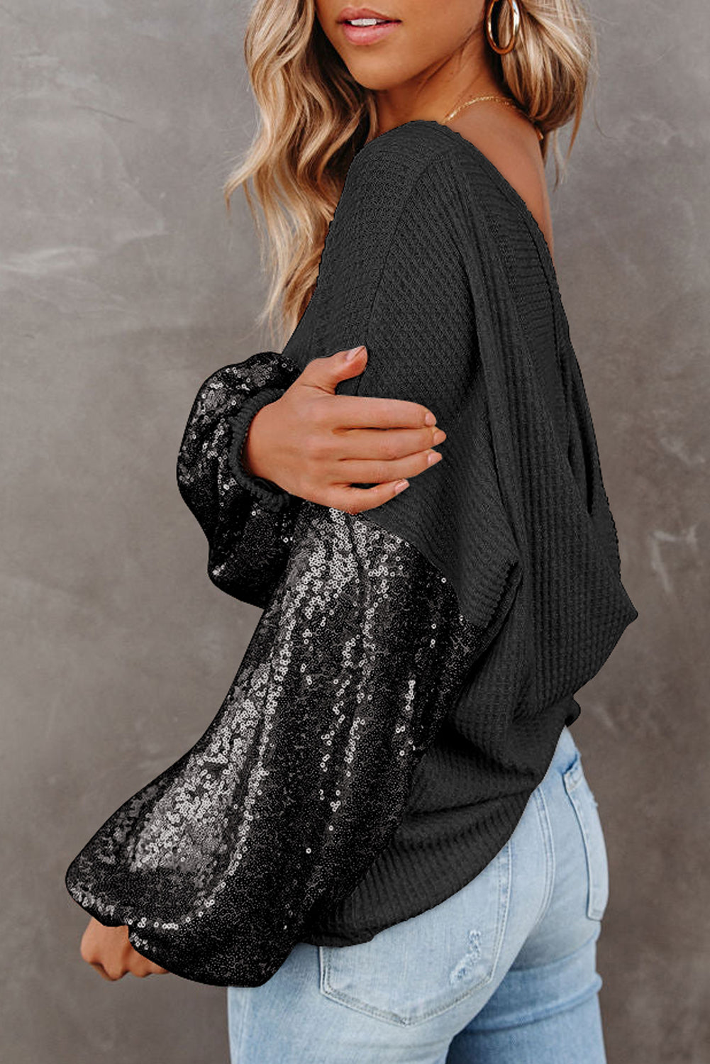 Apricot Sequin Patchwork Sleeve Open Back Waffle Knit Top