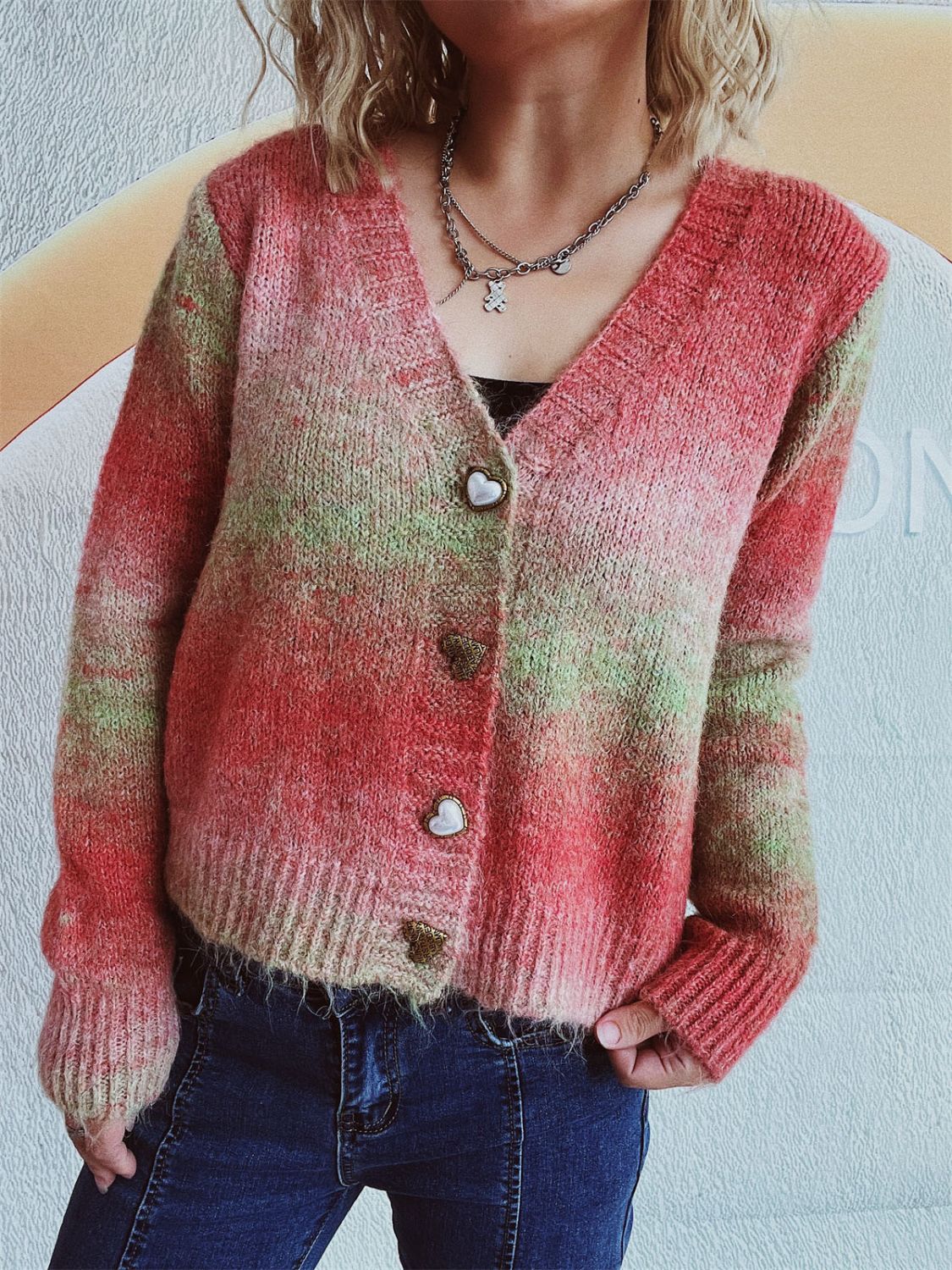 Gradient Heart Shape Button V-Neck Cardigan