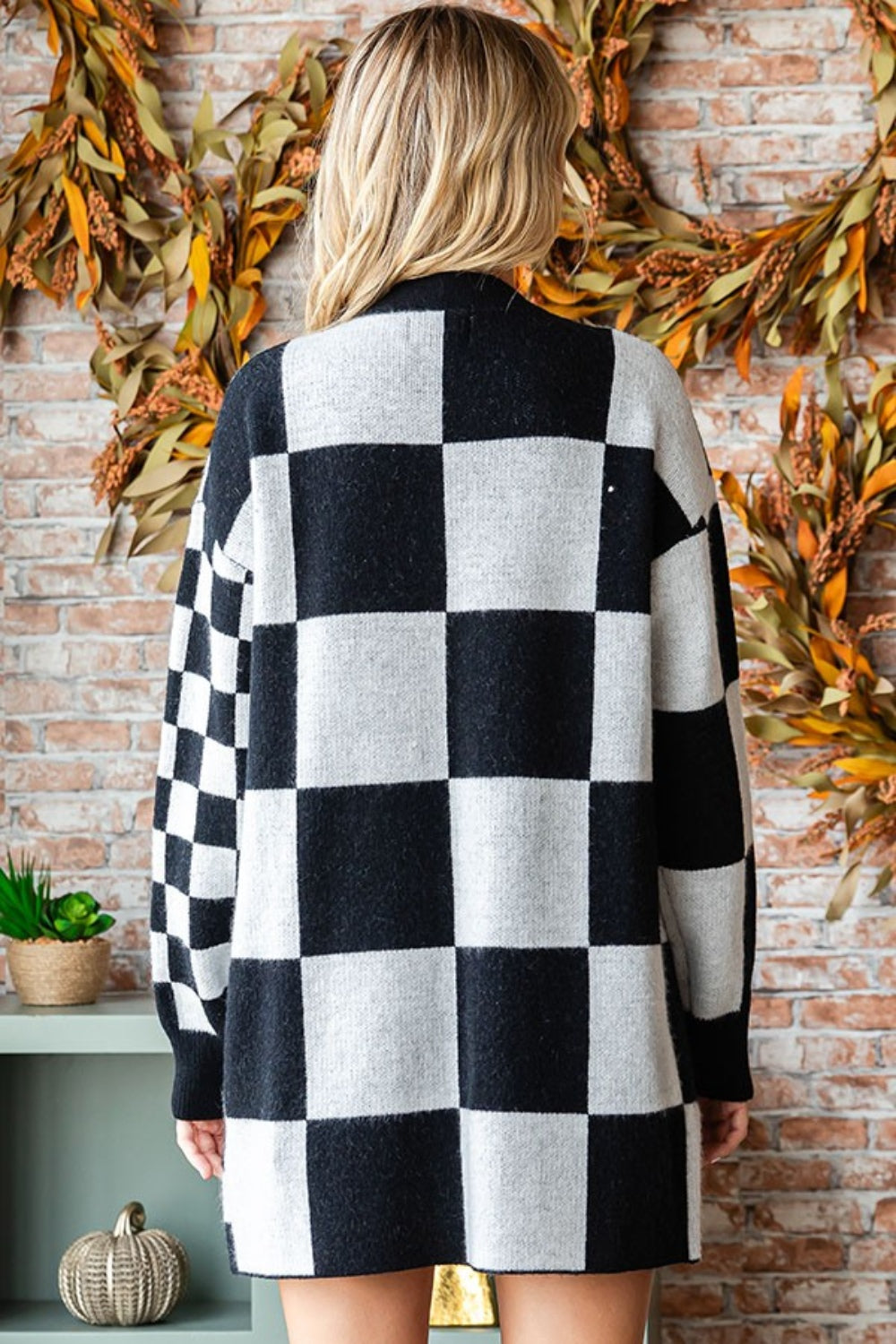 Love Checkered Open Front Long Sleeve Cardigan