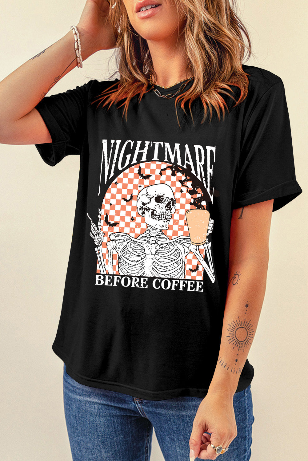 Black Nightmare Before Coffee Skull Checkerboard Graphic Halloween Tee