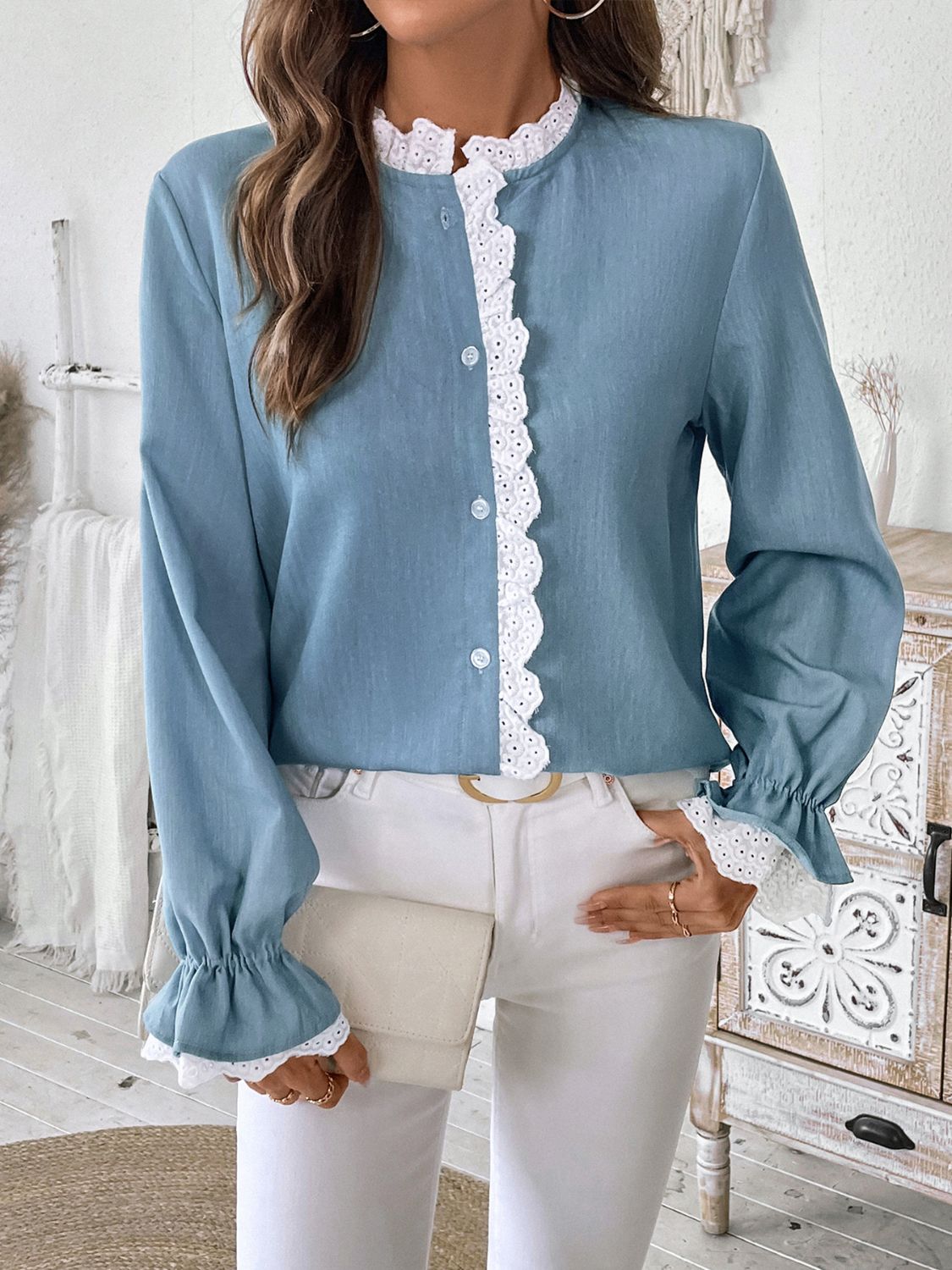 Perfee Lace Detail Button Down Long Sleeve Shirt