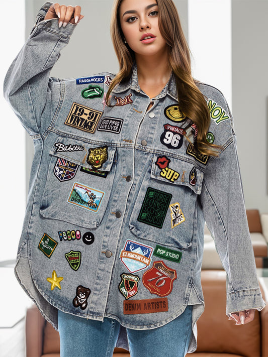 Embroidered Patch Button Up Long Sleeve Denim Jacket