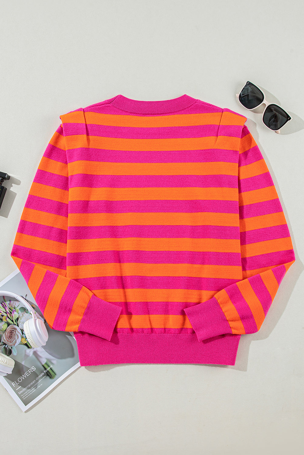 Rose Stripe Shoulder Pad Round Neck Sweater