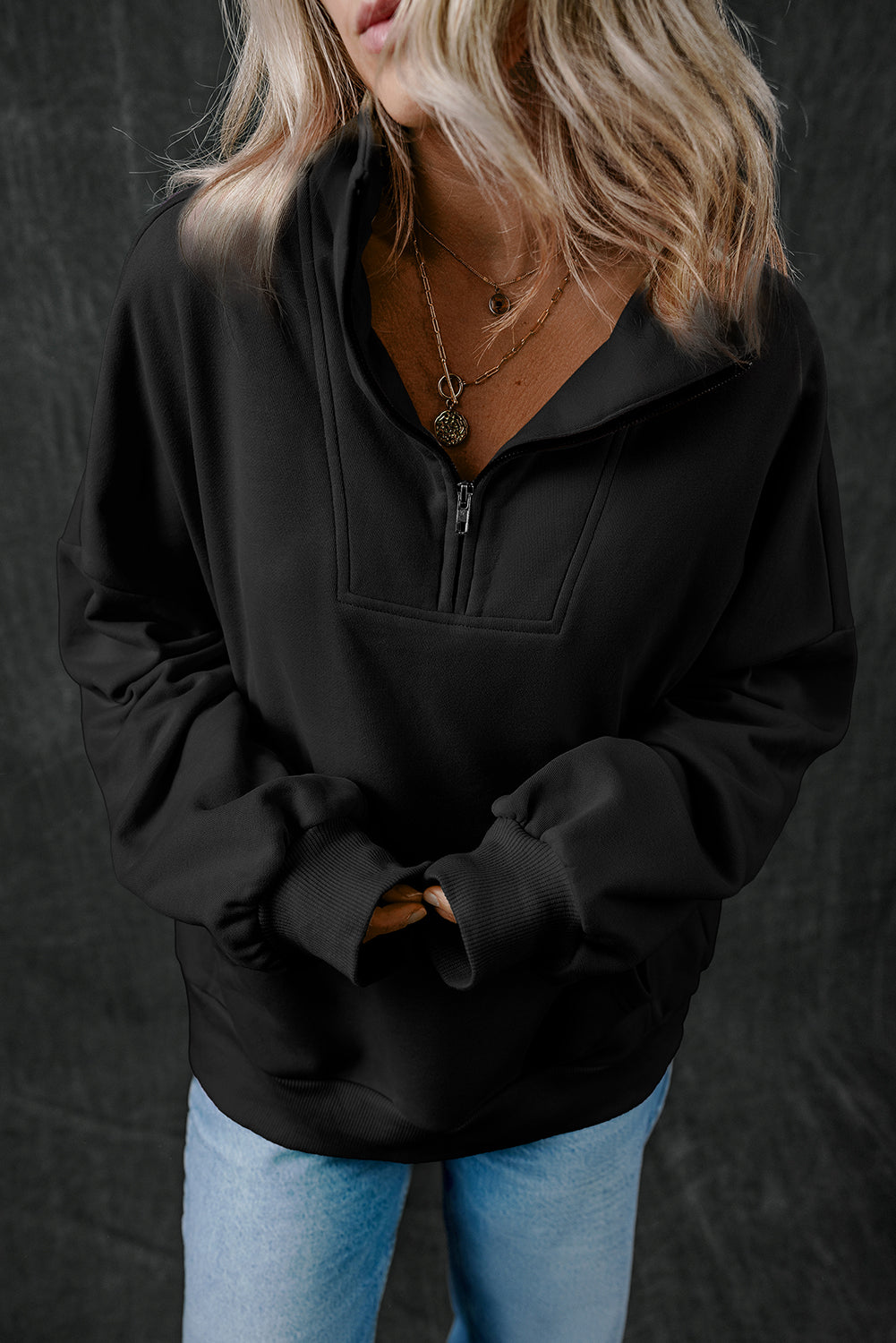 Smoke Gray Zip-up Stand Neck Kangaroo Pocket Sweatshirt