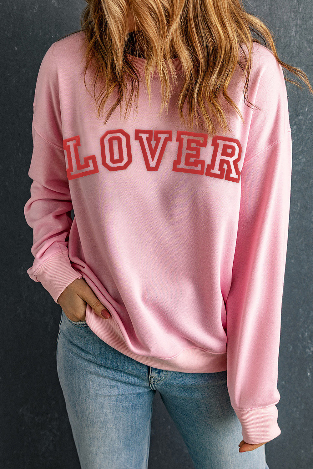 Pink LOVER Puff Print Drop Shoulder Pullover Sweatshirt