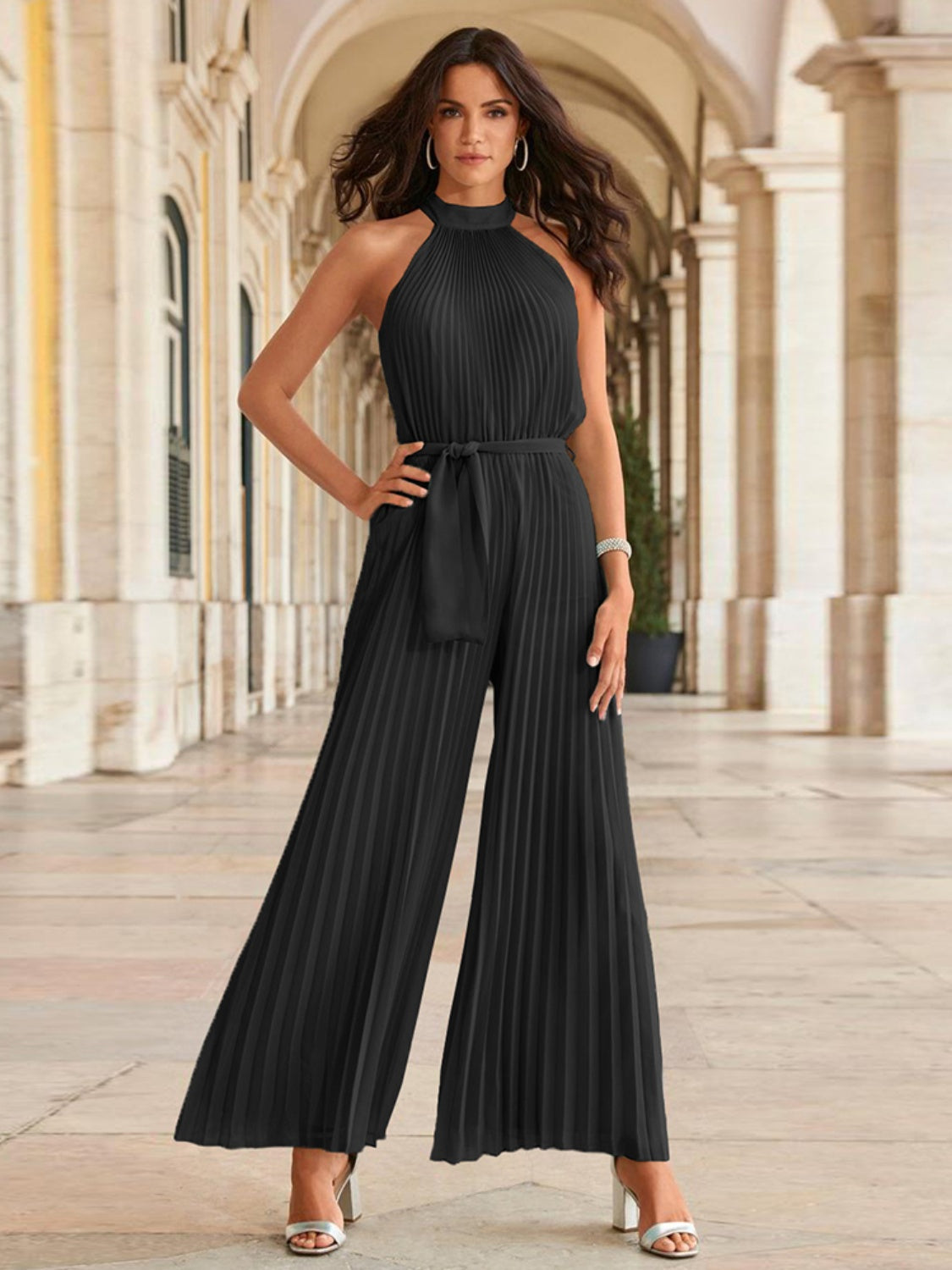 Cutout Tied Pleated Sleeveless Jumpsuit for Wedding or Party