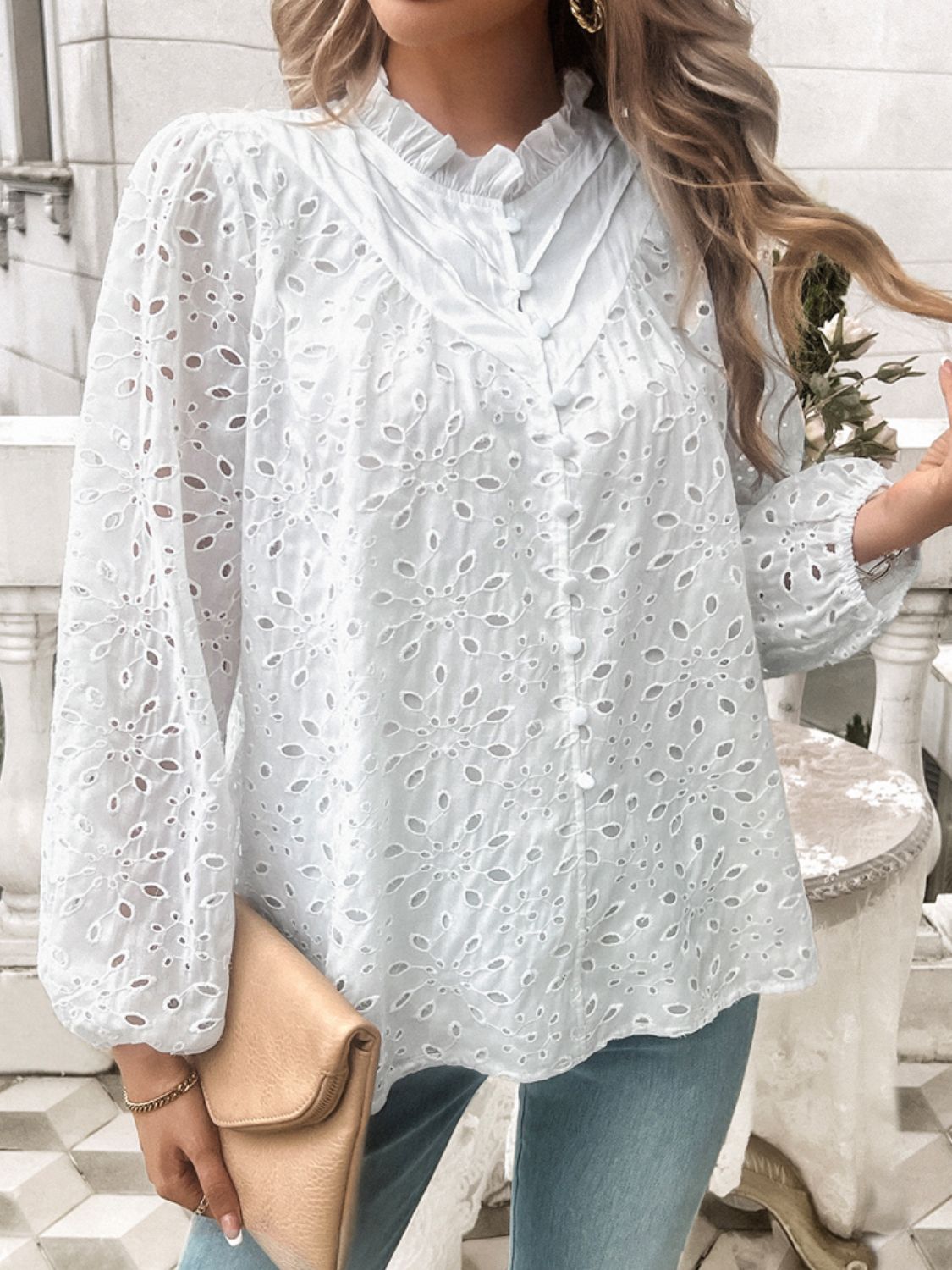 Frill Round Neck Long Sleeve Shirt