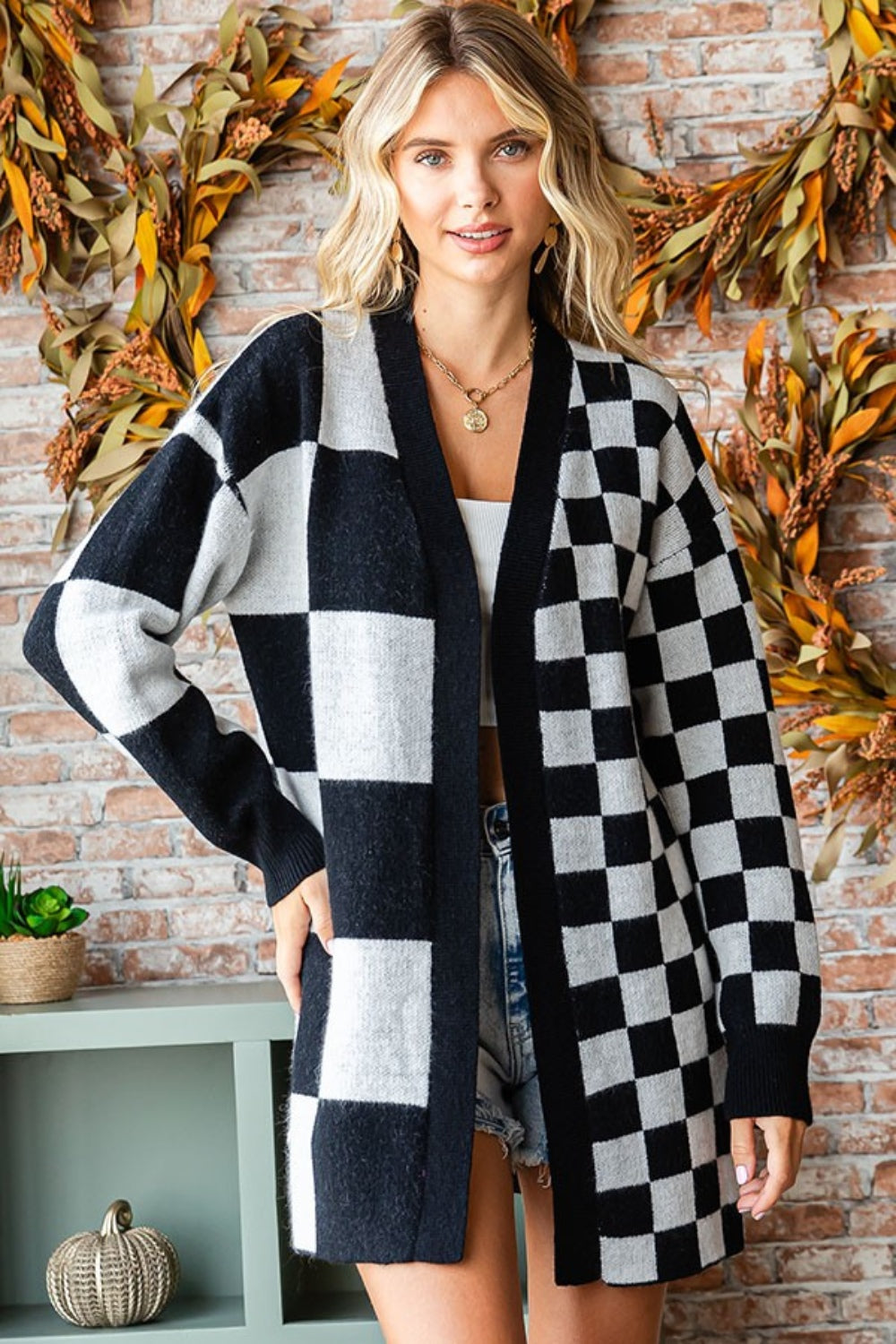 Love Checkered Open Front Long Sleeve Cardigan