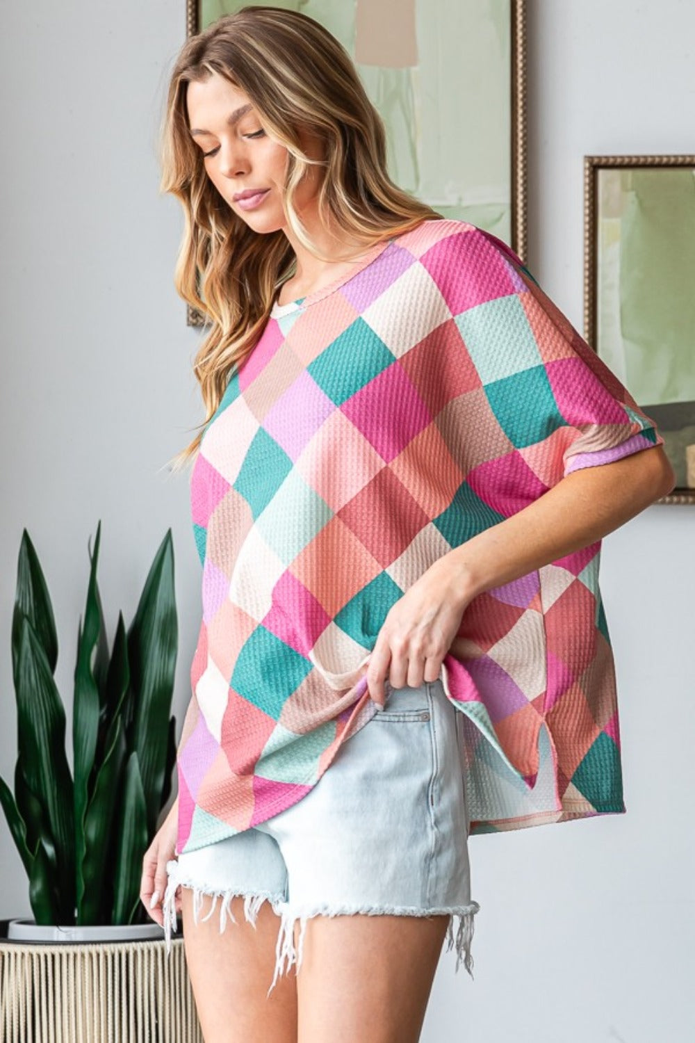 HOPELY Full Size Multi Colored Argyle Side Slit T-Shirt