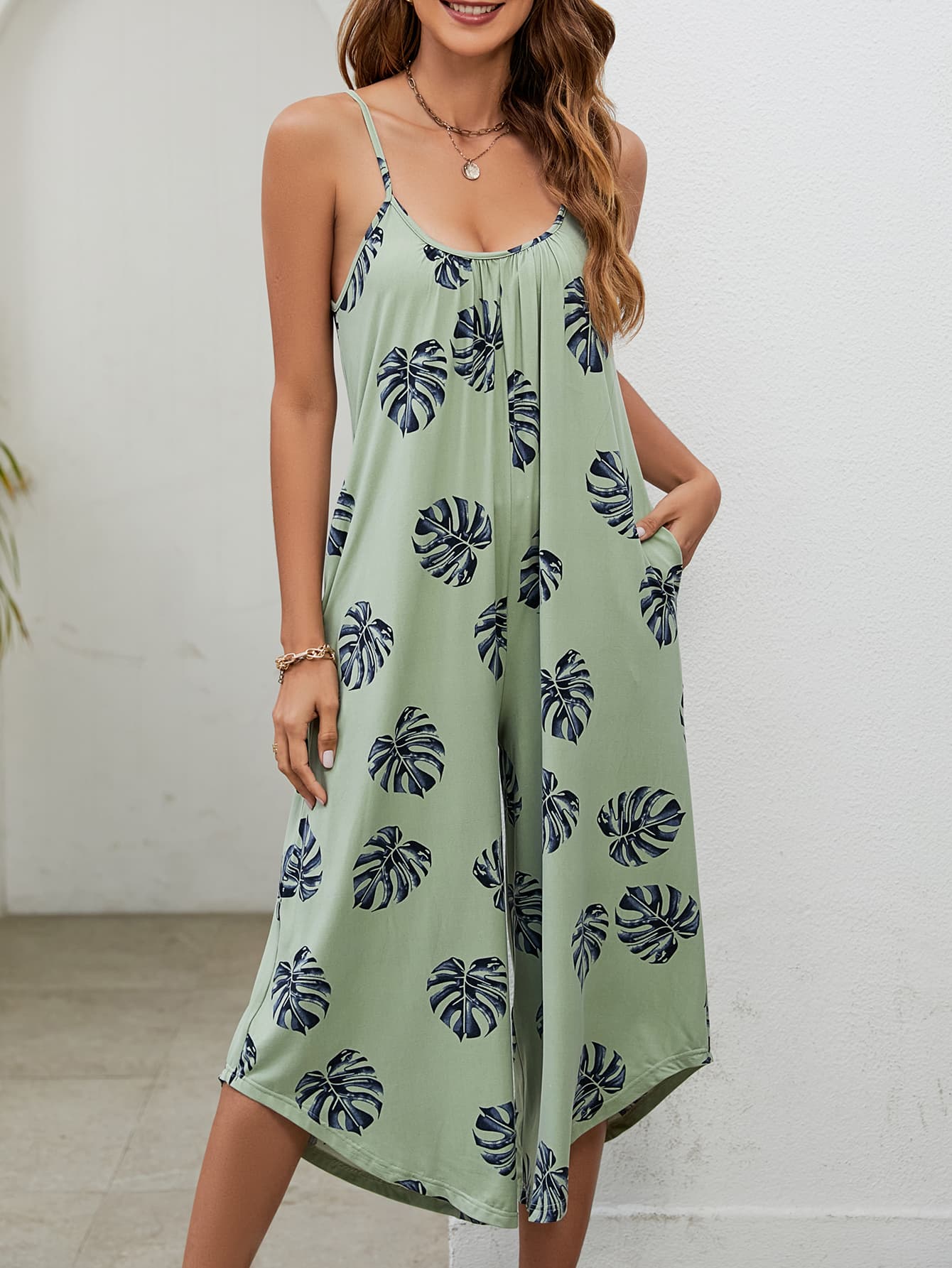 Botanical Print Spaghetti Strap Scoop Neck Jumpsuit