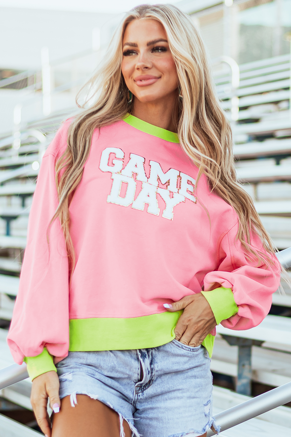 Pink GAME DAY Glitter Color Block Crew Neck Sweatshirt