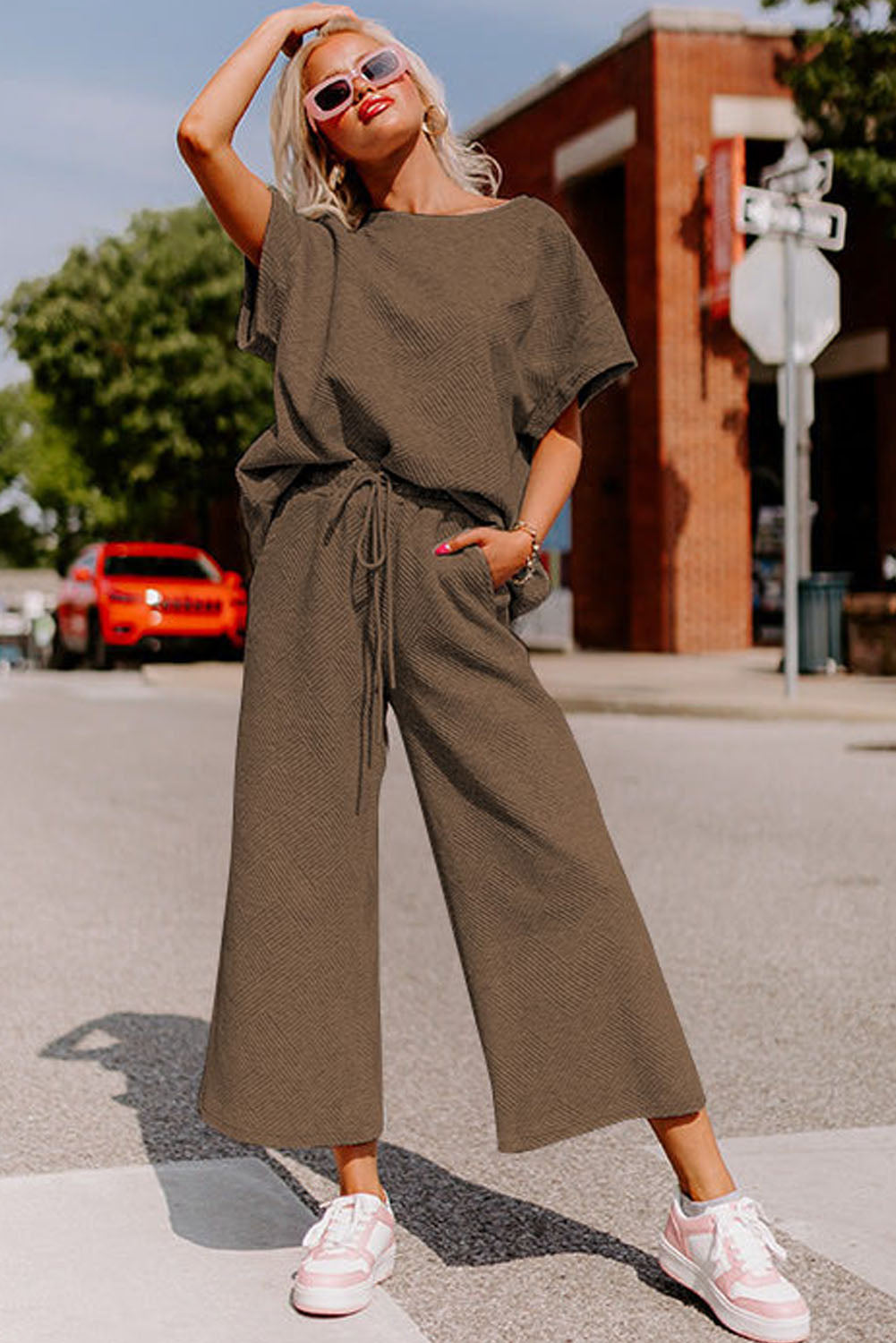 Navy Blue Textured Loose Fit T Shirt and Drawstring Pants Set