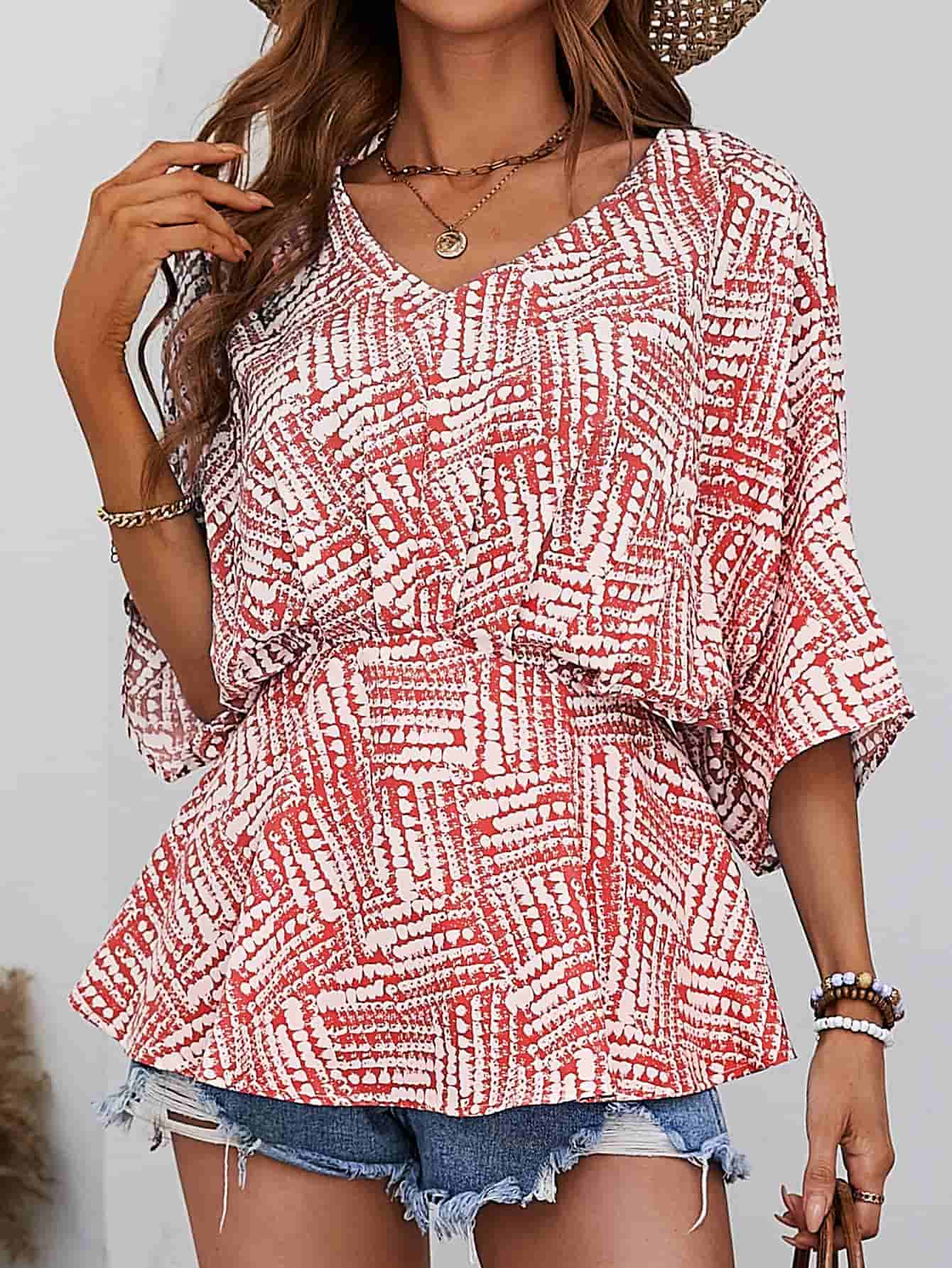 Printed V-Neck Dolman Sleeve Blouse