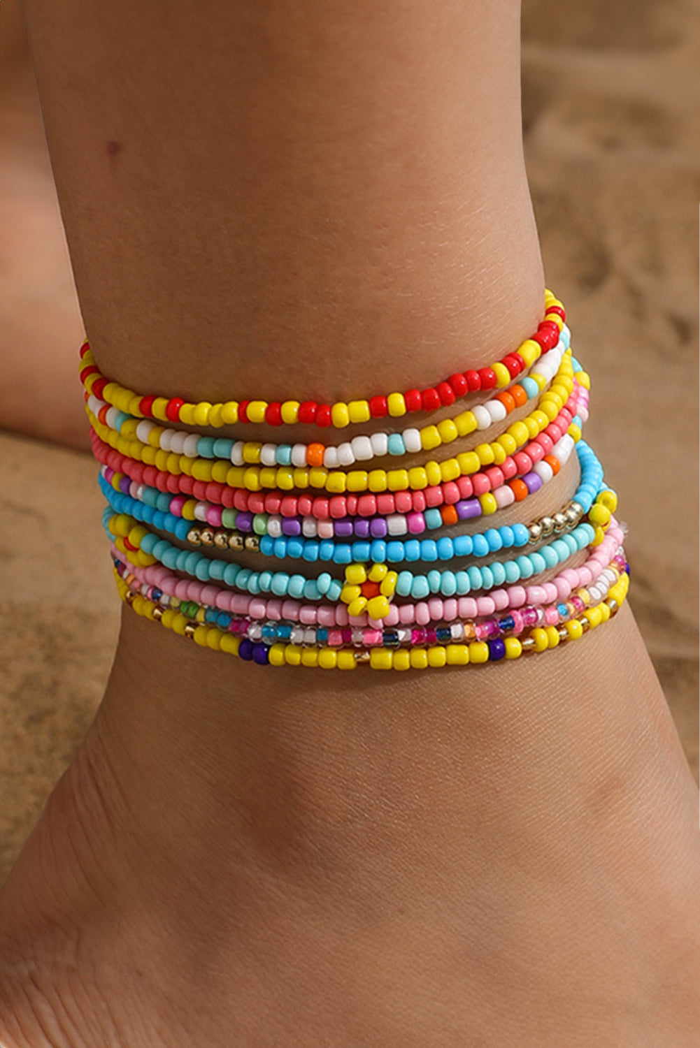 Yellow Flower Random Color Multi Layered Beaded Anklet Set