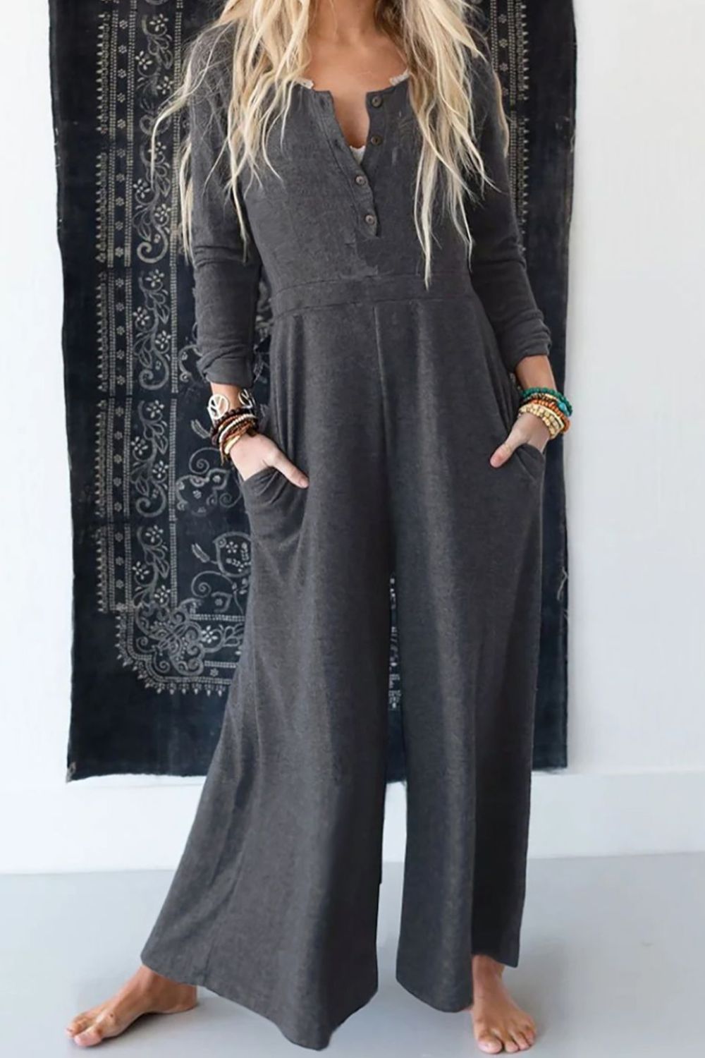 Pocketed Long Sleeve Wide Leg Jumpsuit