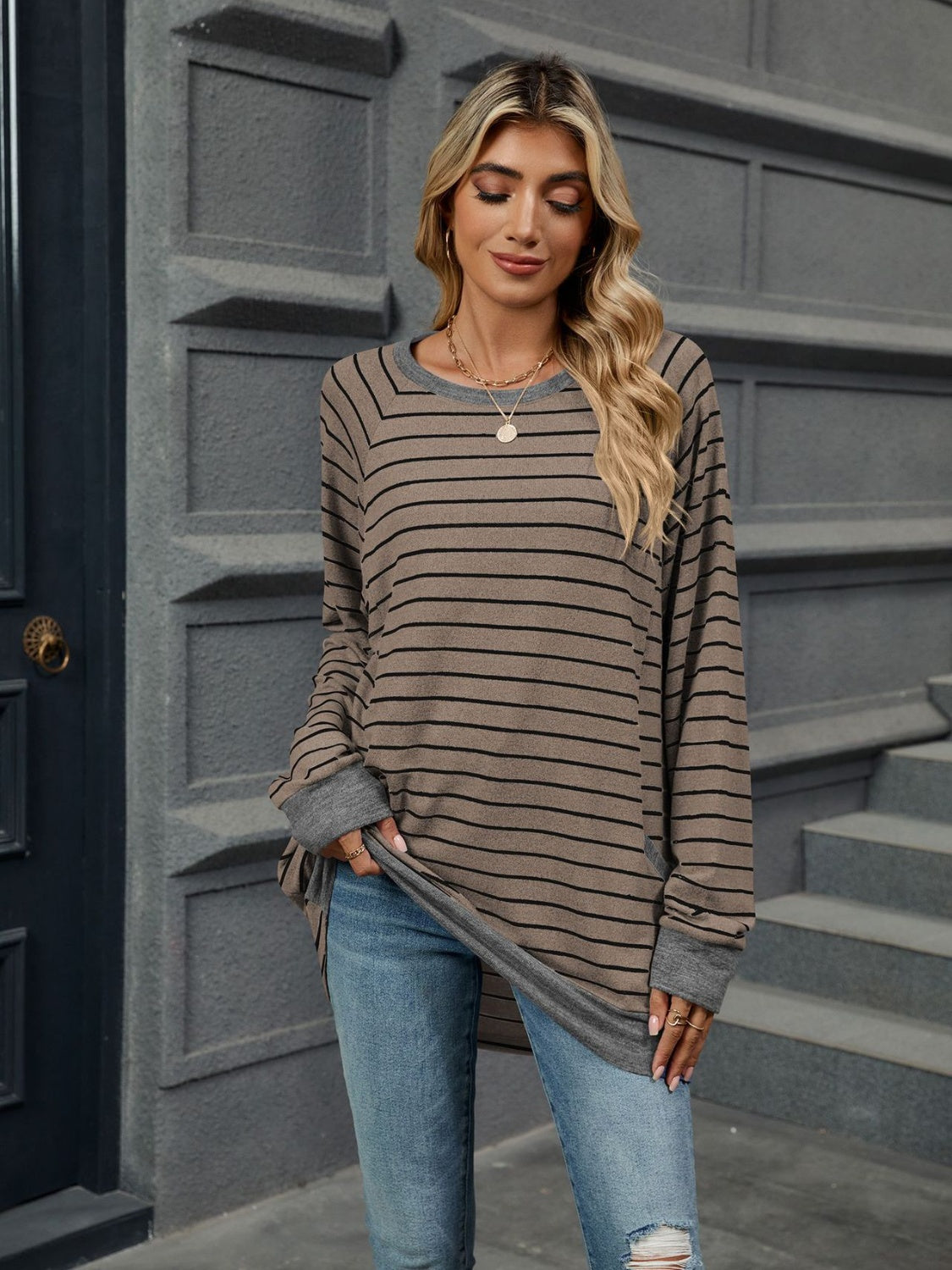 Pocketed Striped Round Neck Long Sleeve T-Shirt