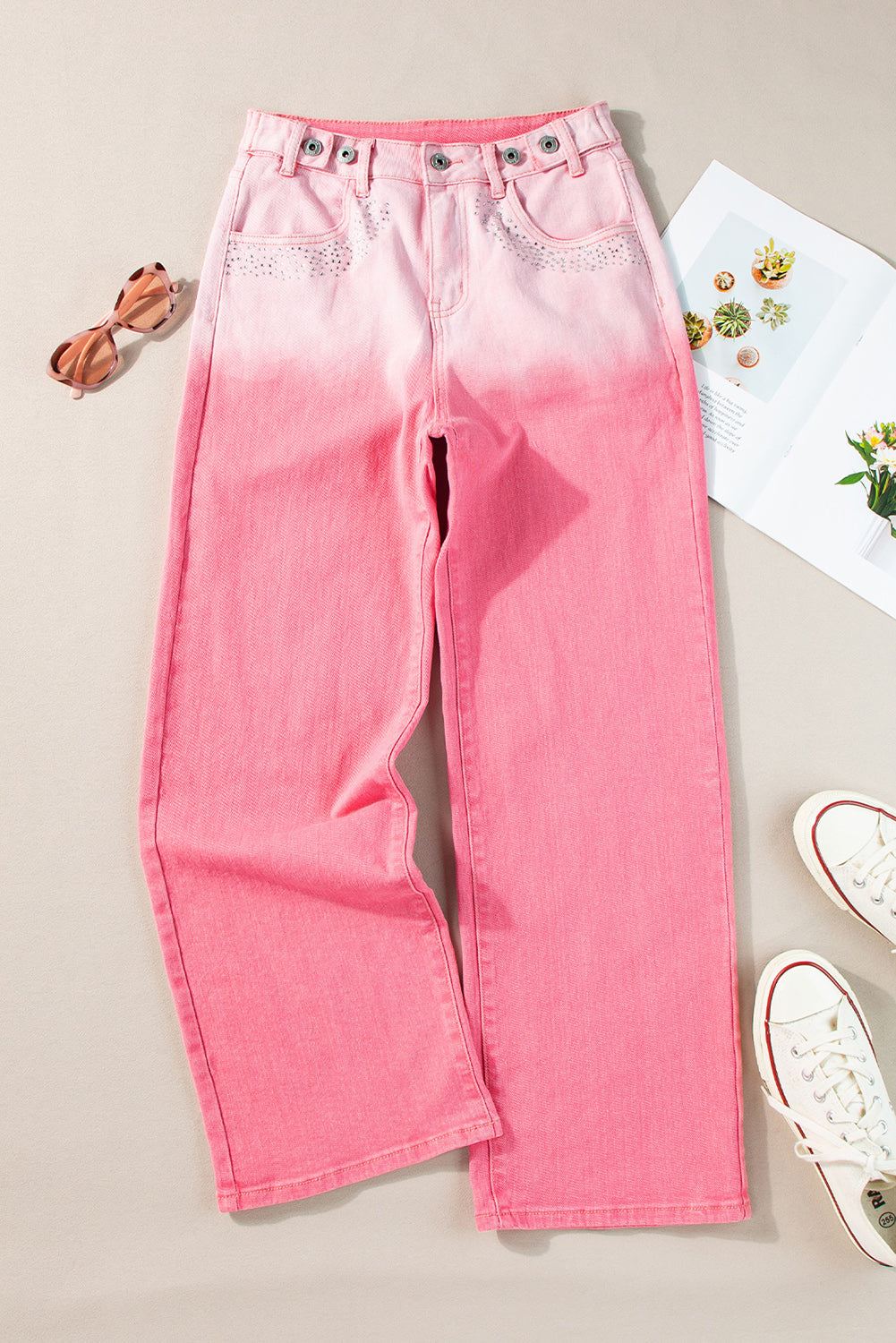 Pink Scattering Rhinestone Gradient Denim Pants