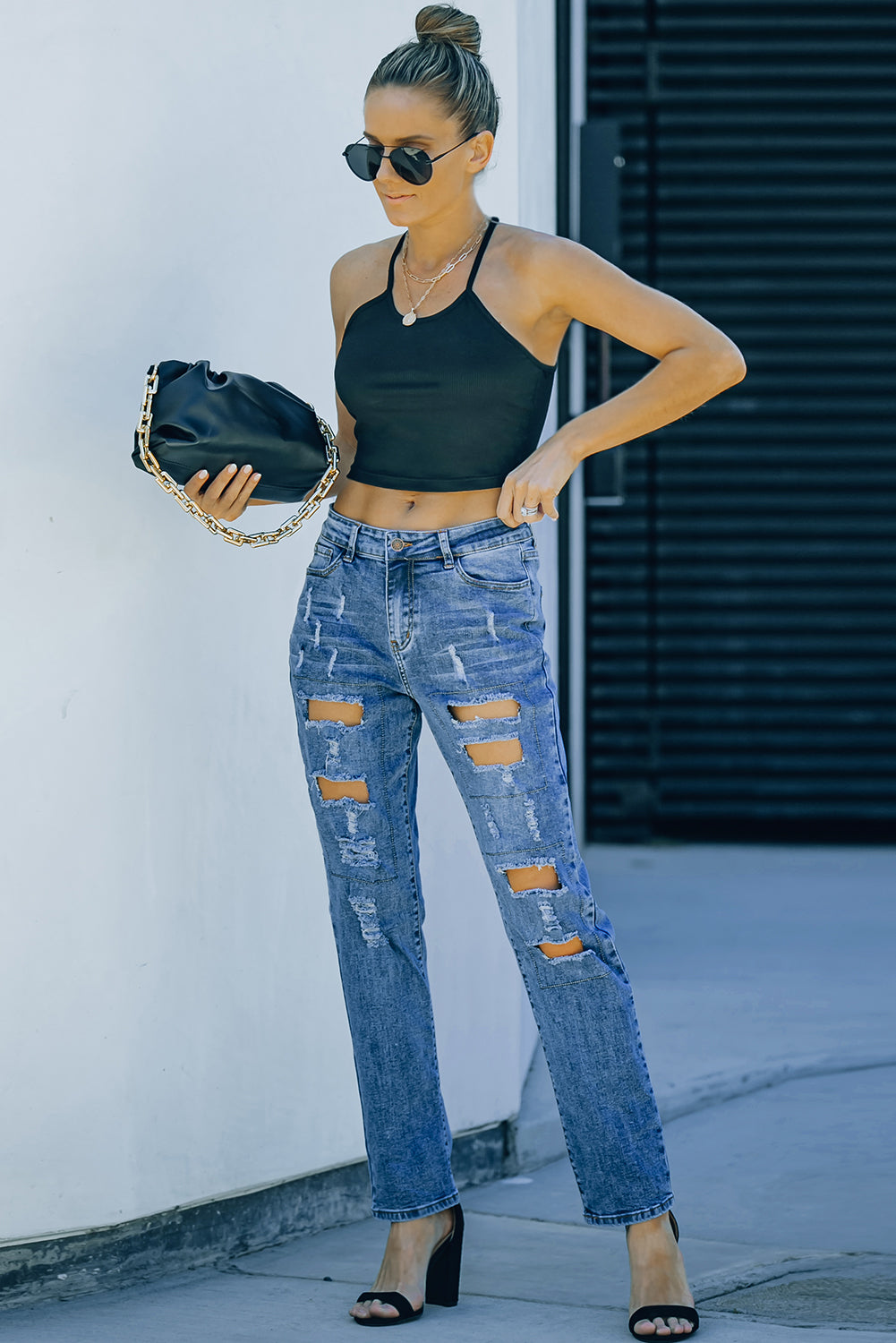 Gray Buttoned Pockets Distressed Jeans