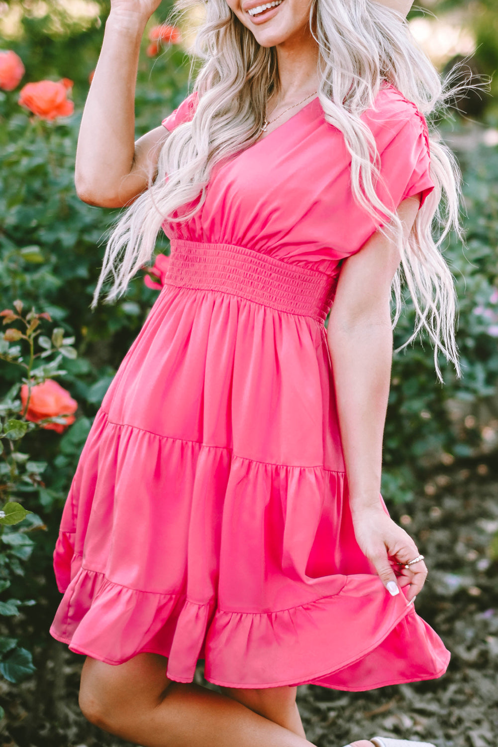 Strawberry Pink Ruched Sleeve V Neck Smock Waist Tiered Ruffled Dress