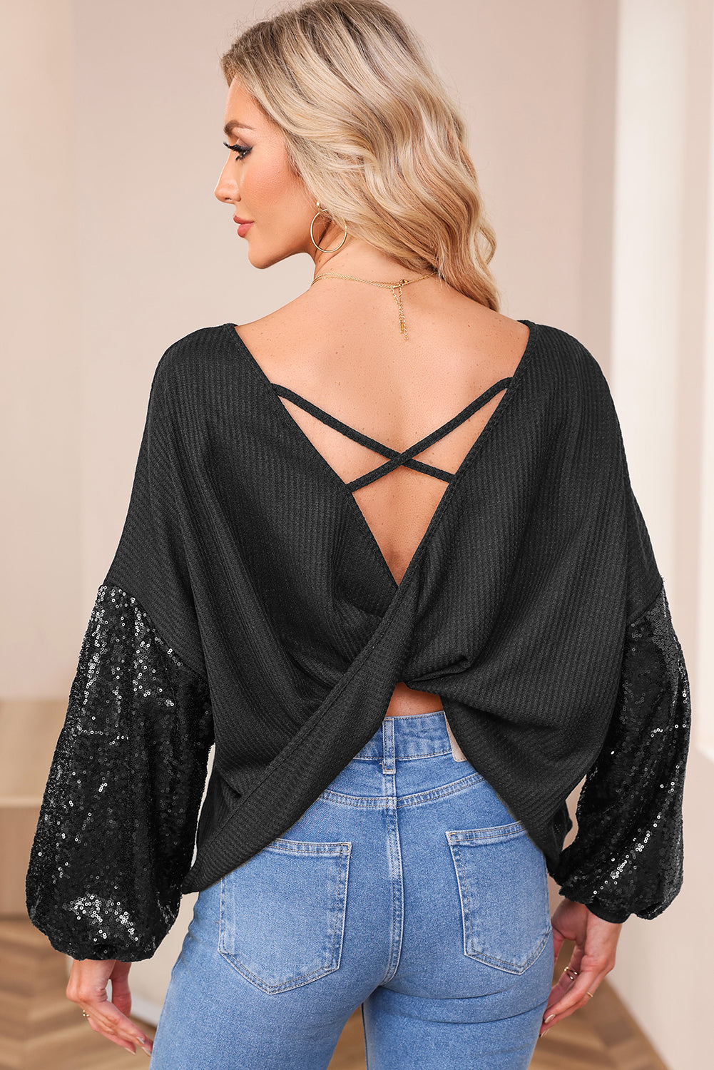 Apricot Sequin Patchwork Sleeve Open Back Waffle Knit Top