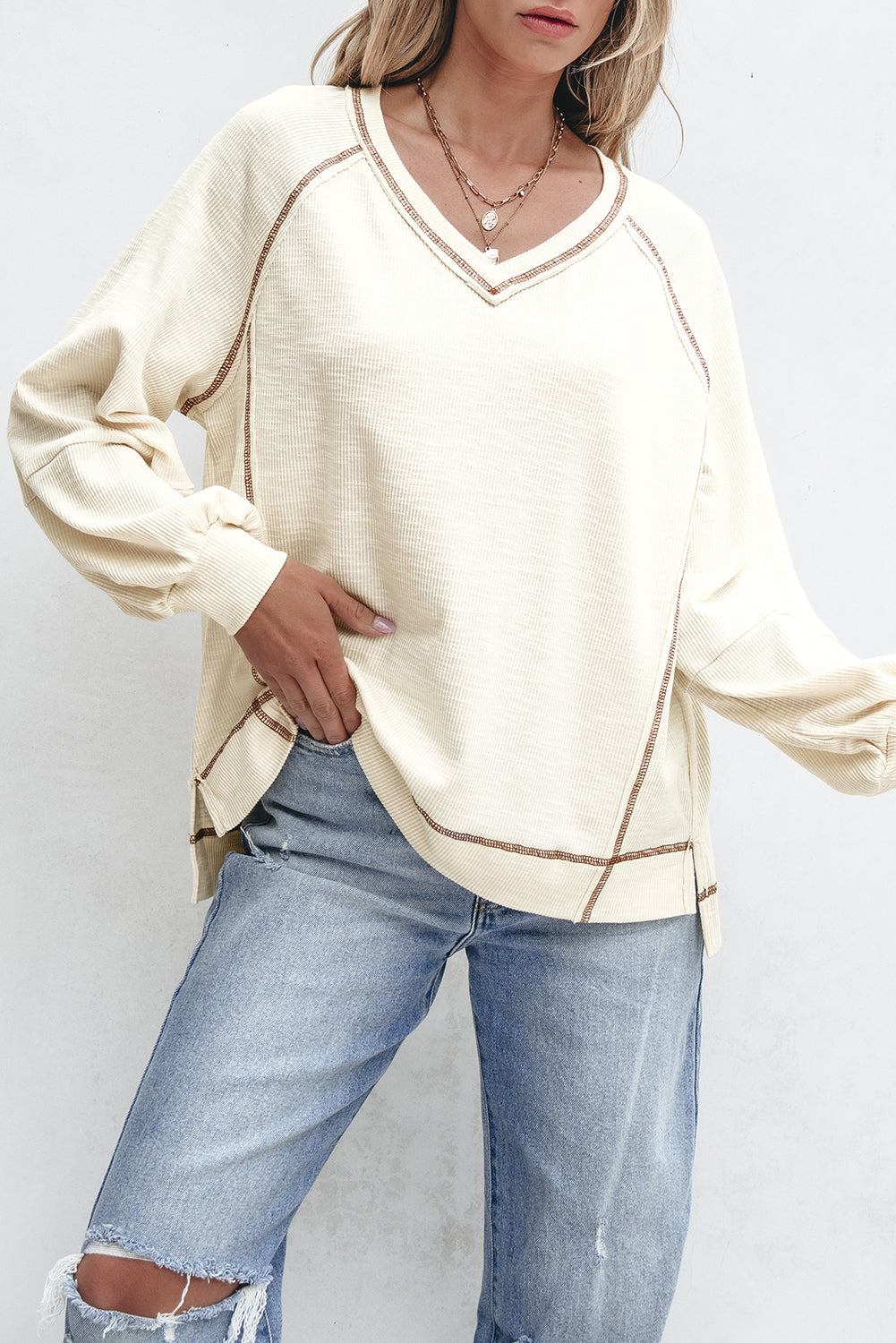 Beige Exposed Seam Textured Knit V Neck Pullover Top