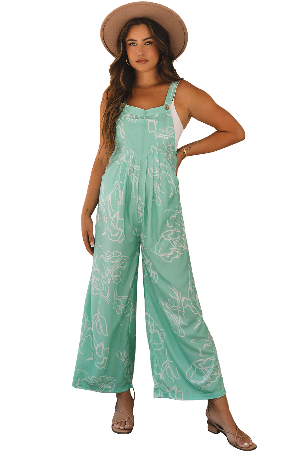 Moonlight Jade Printed Bib Wide Leg Overalls