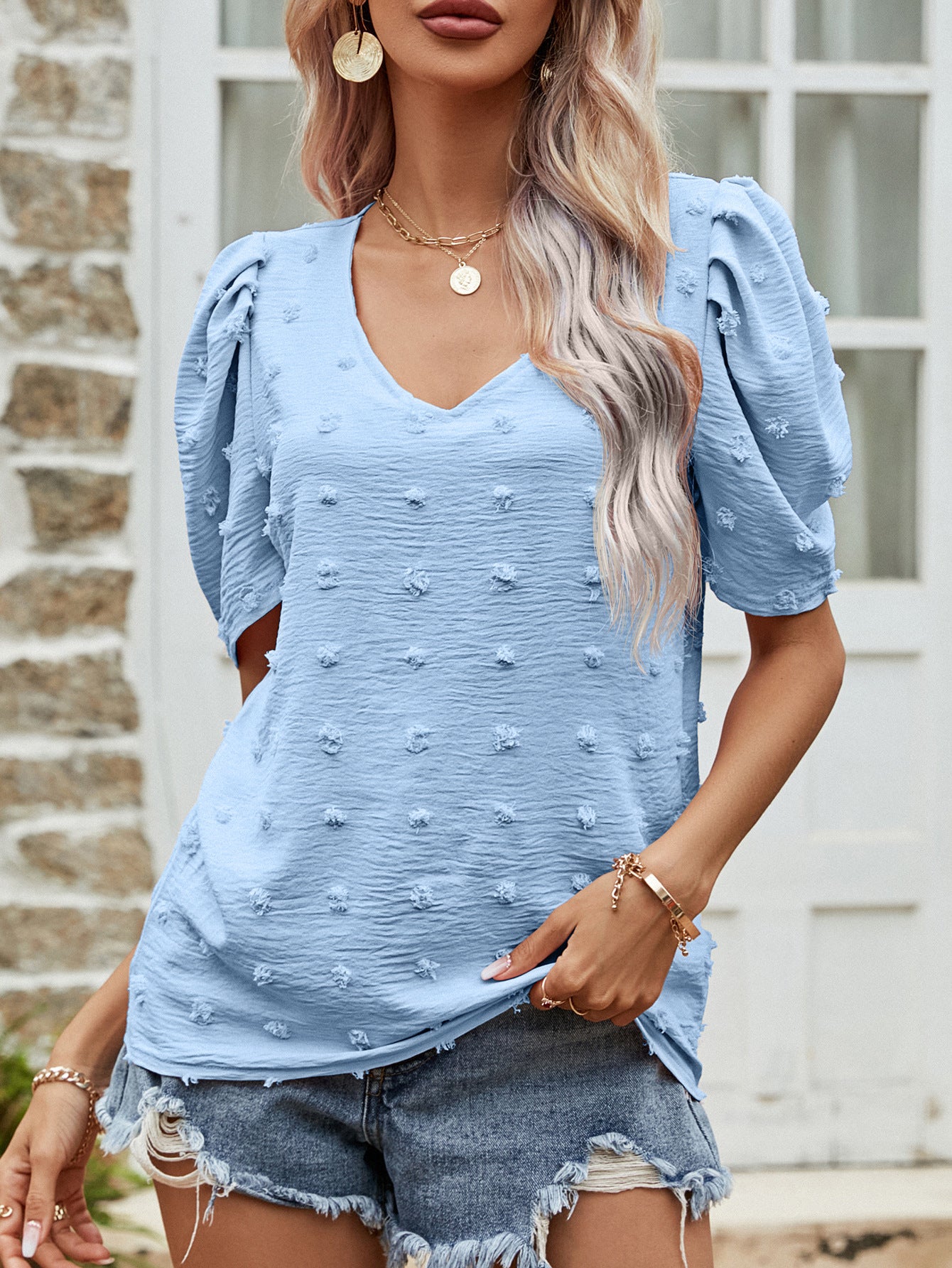 Swiss Dot Short Puff Sleeve Top