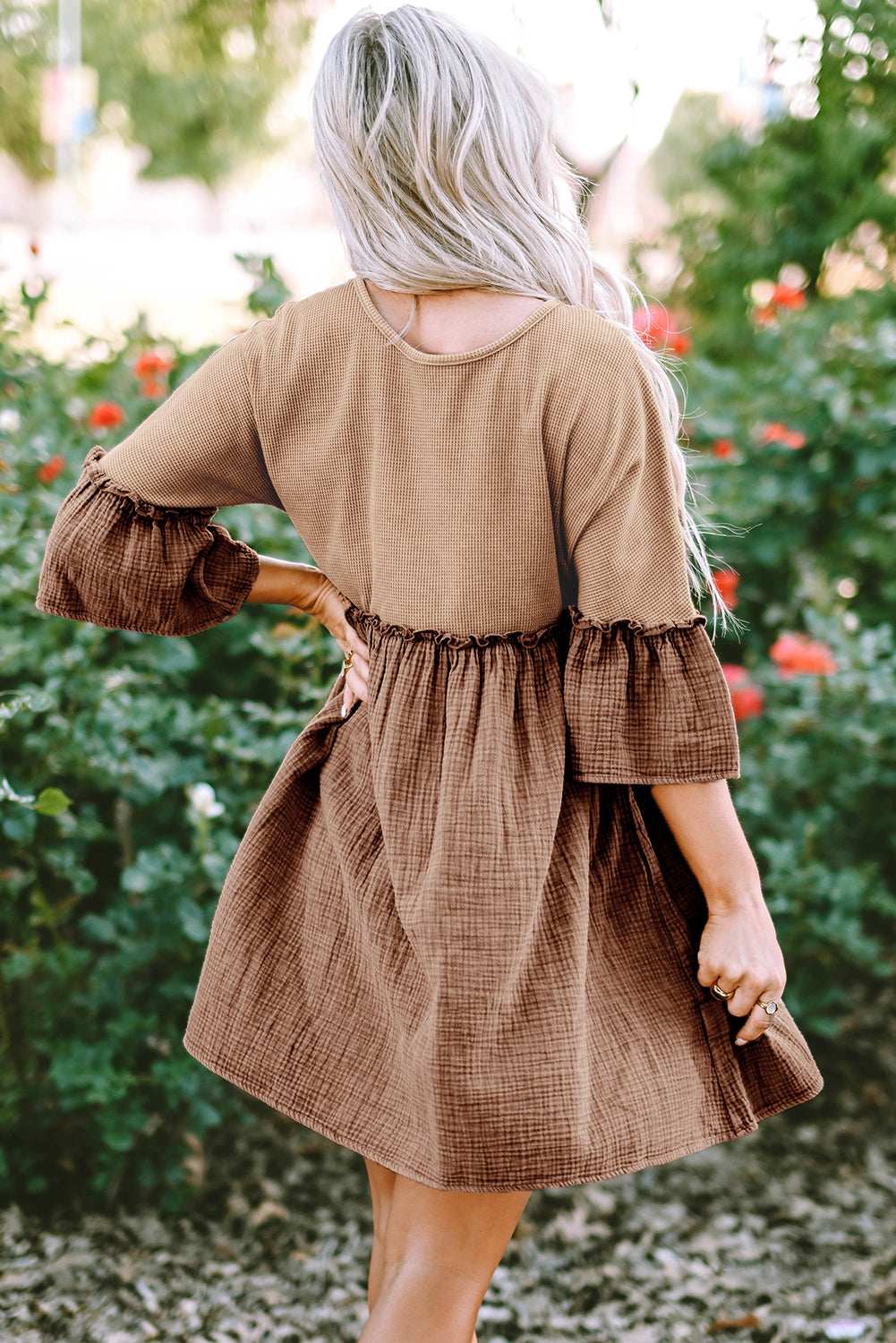 Khaki Waffle Crinkle Patchwork Frilled Flare Dress