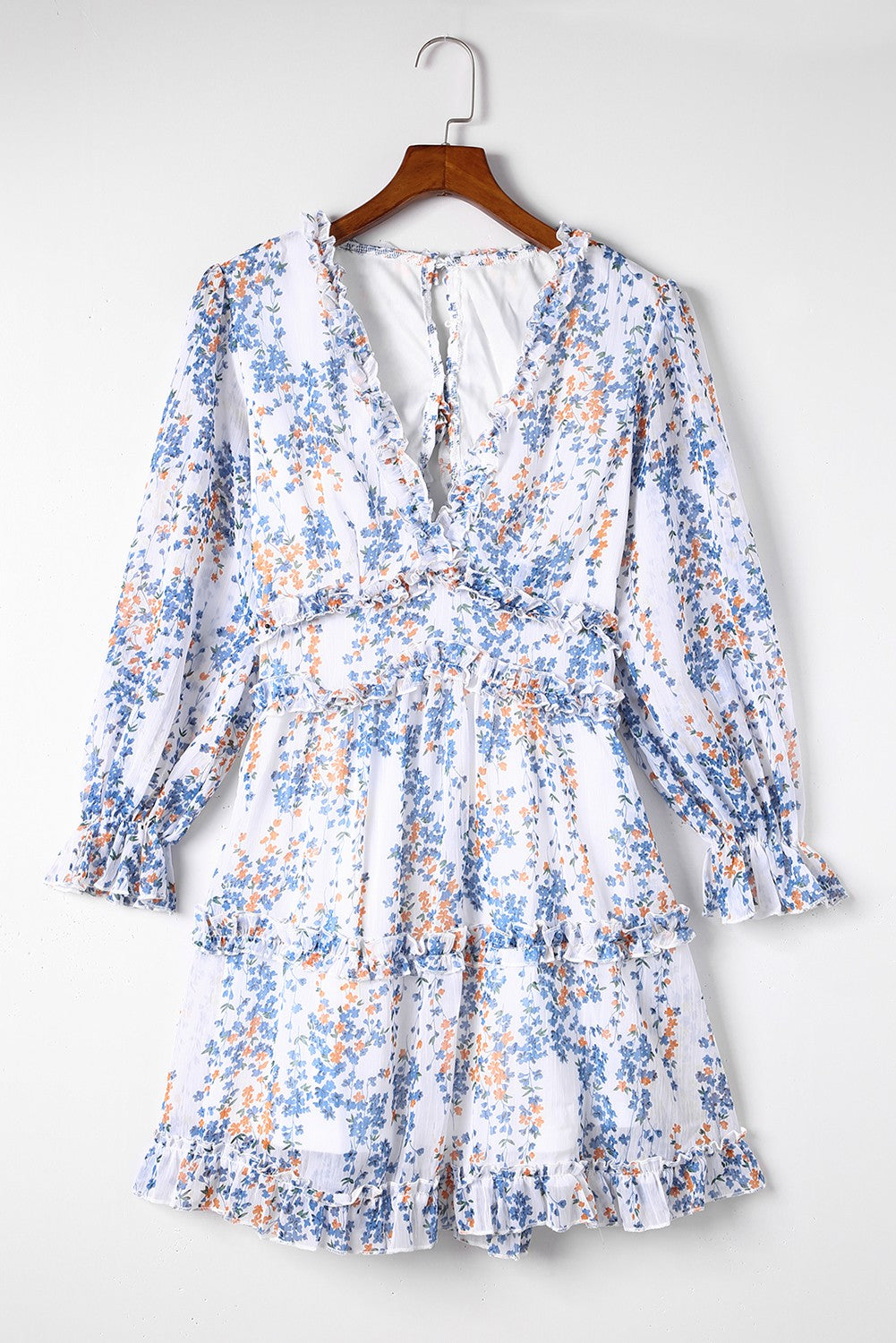 Blue Ruffle Detailing Open Back Floral Dress