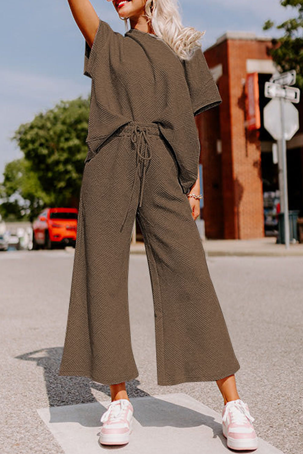 Navy Blue Textured Loose Fit T Shirt and Drawstring Pants Set