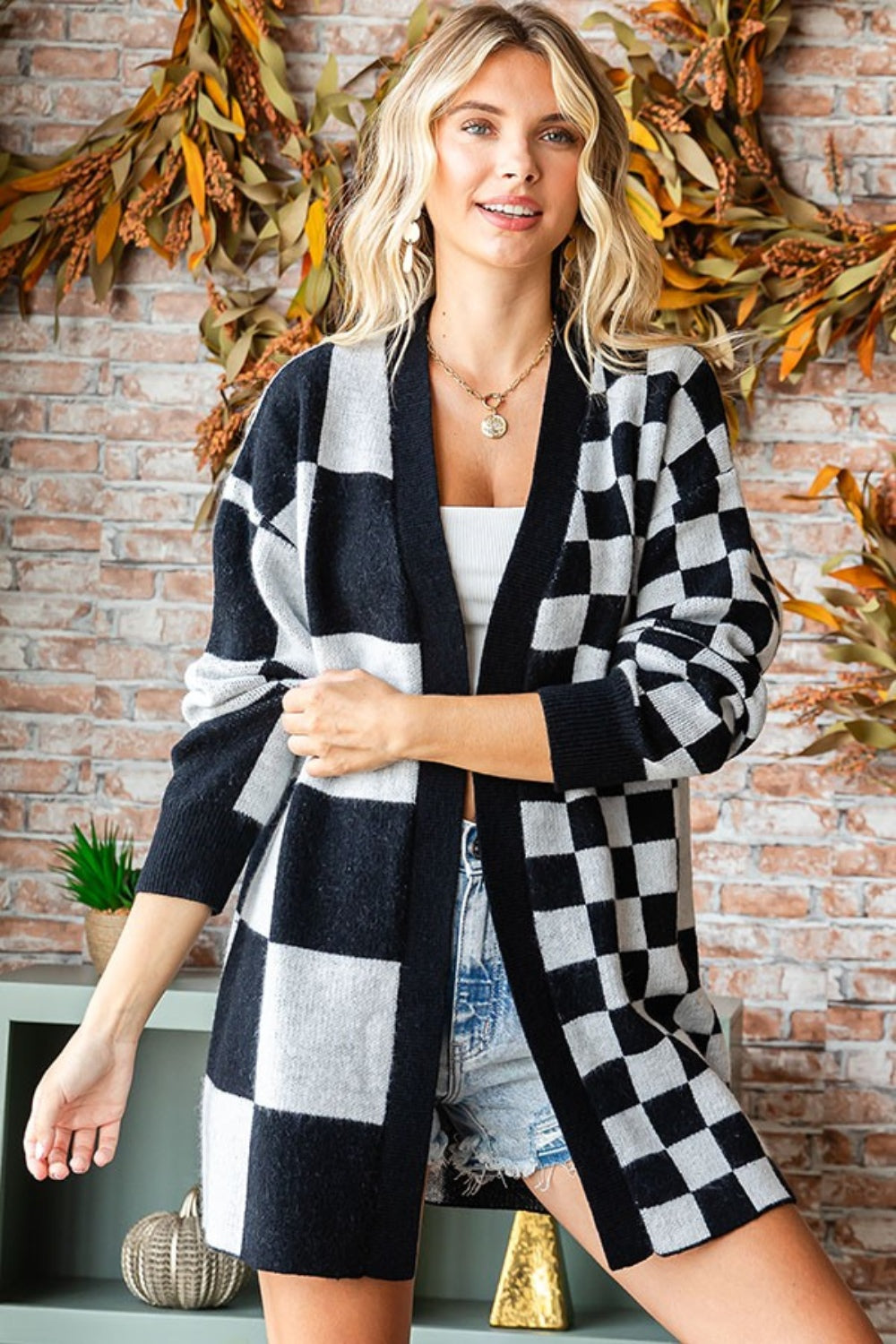 Love Checkered Open Front Long Sleeve Cardigan