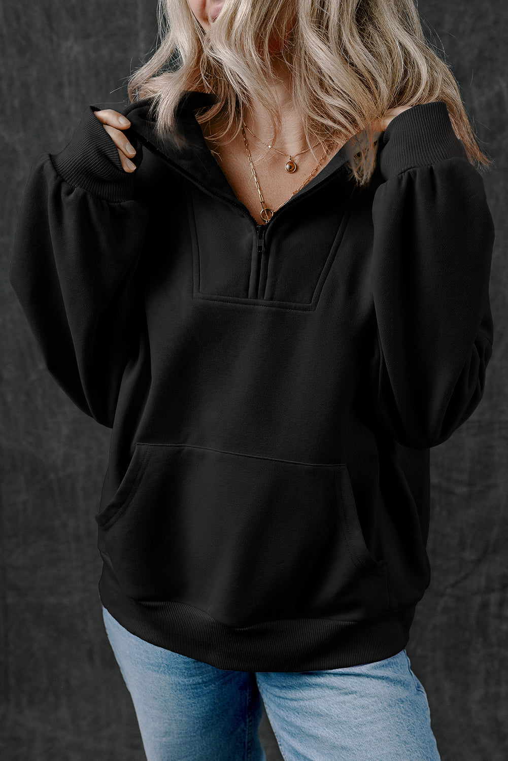 Smoke Gray Zip-up Stand Neck Kangaroo Pocket Sweatshirt