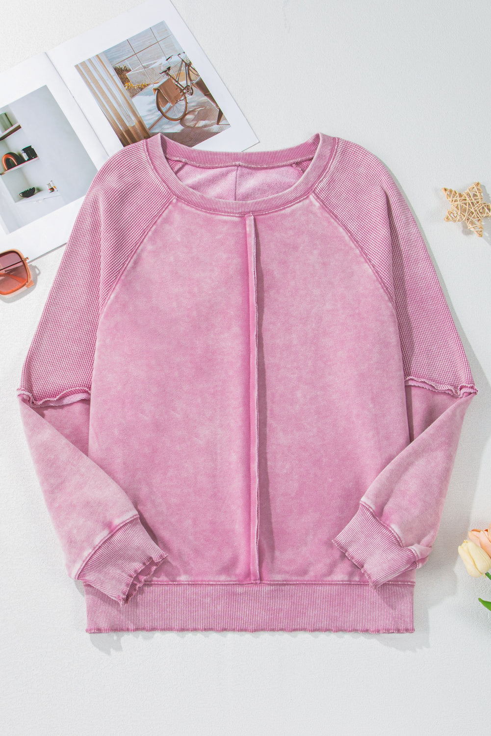 Orchid Petal Solid Waffle Knit Patchwork Raglan Sleeve Sweatshirt