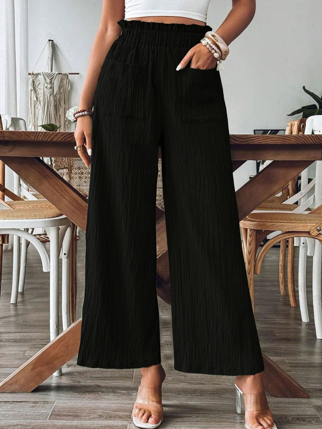 Pocketed Elastic Waist Wide Leg Pants