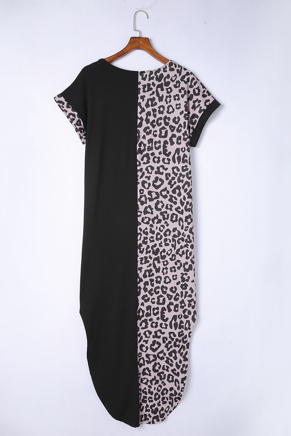 Gray Contrast Solid Leopard Short Sleeve T-shirt Dress with Slits