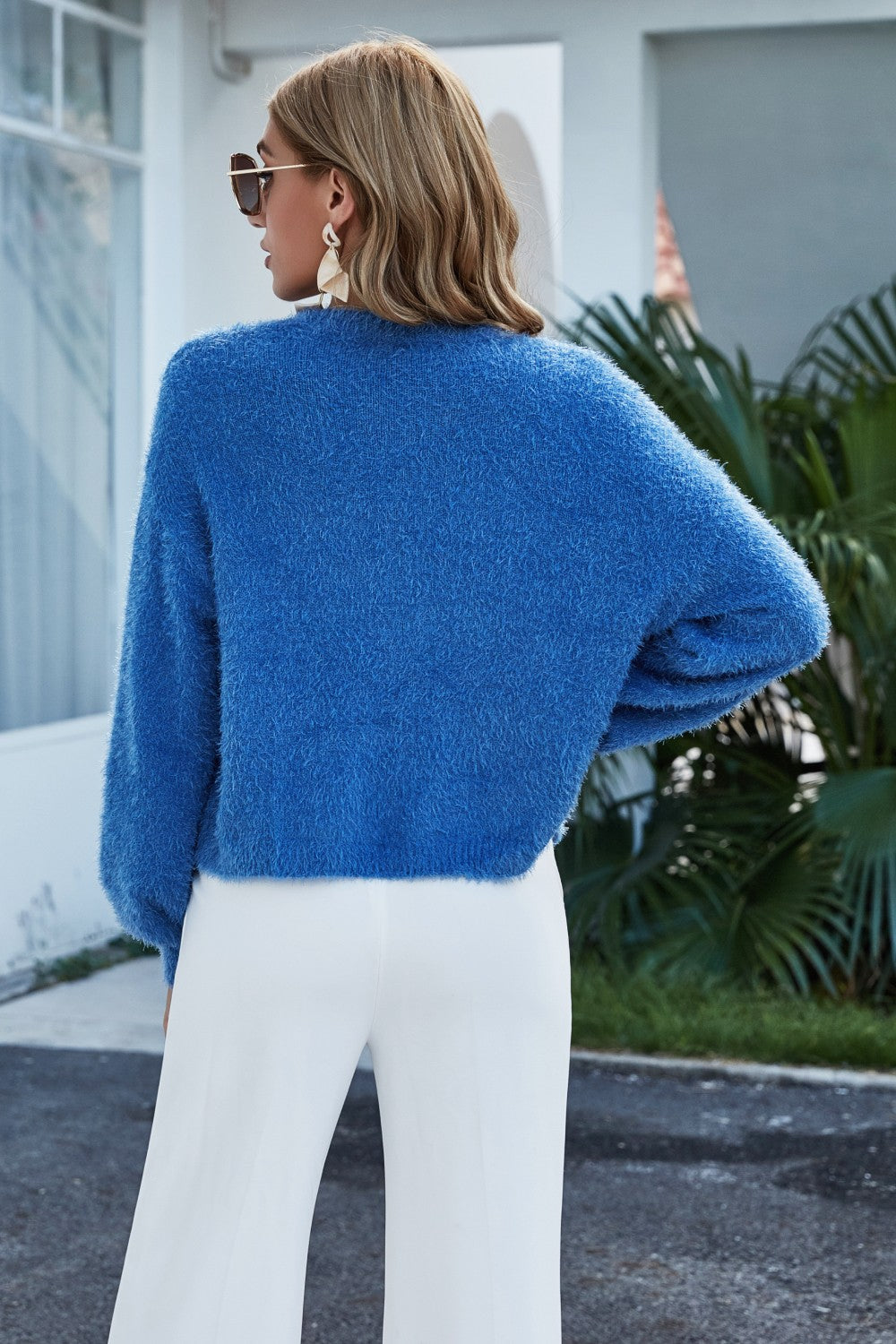 Round Neck Dropped Shoulder Fuzzy Cardigan