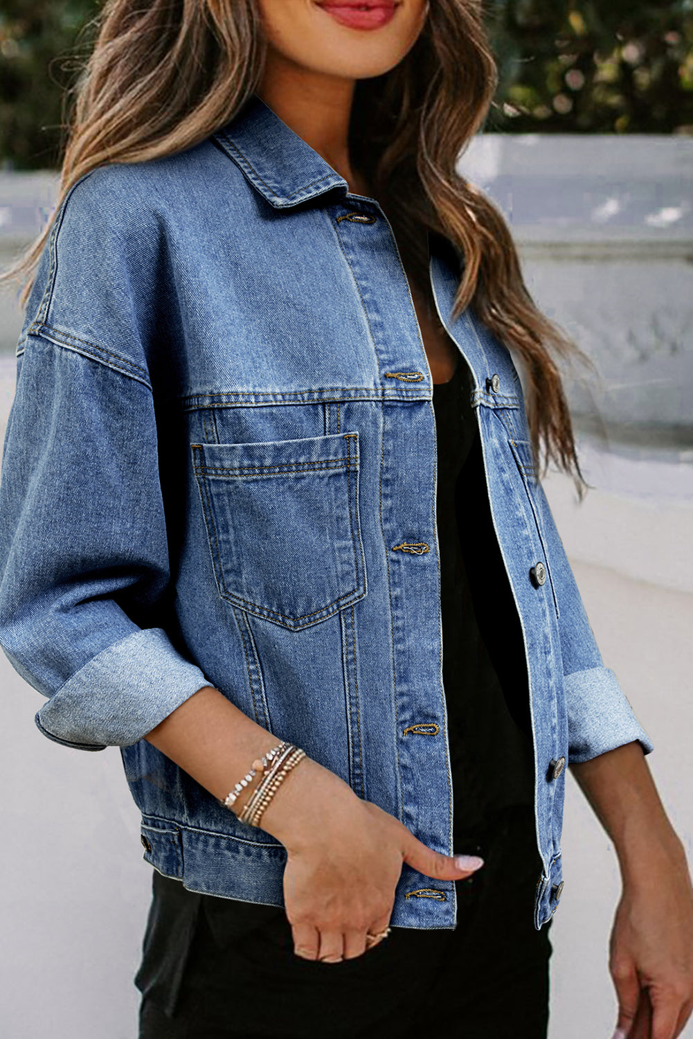 Blue Stripe Washed Oversize Pocketed Denim Jacket