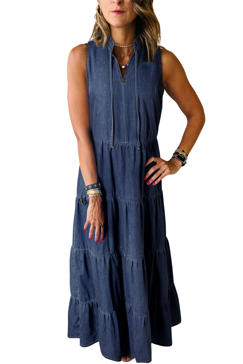 Blue Sleeveless Tiered Chambray Maxi Dress