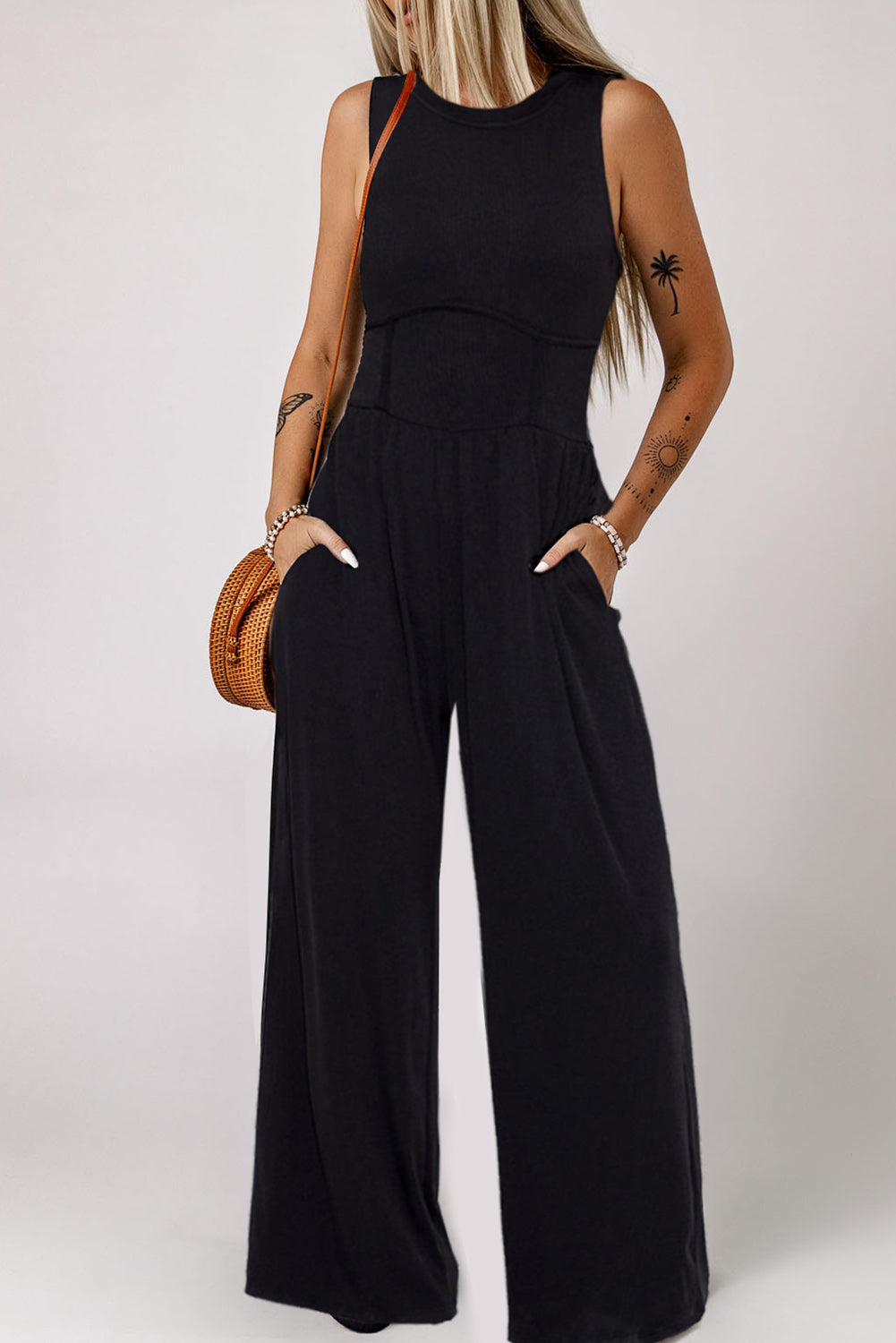 Medium Grey Cinched Waist Sleeveless Wide Leg Jumpsuit